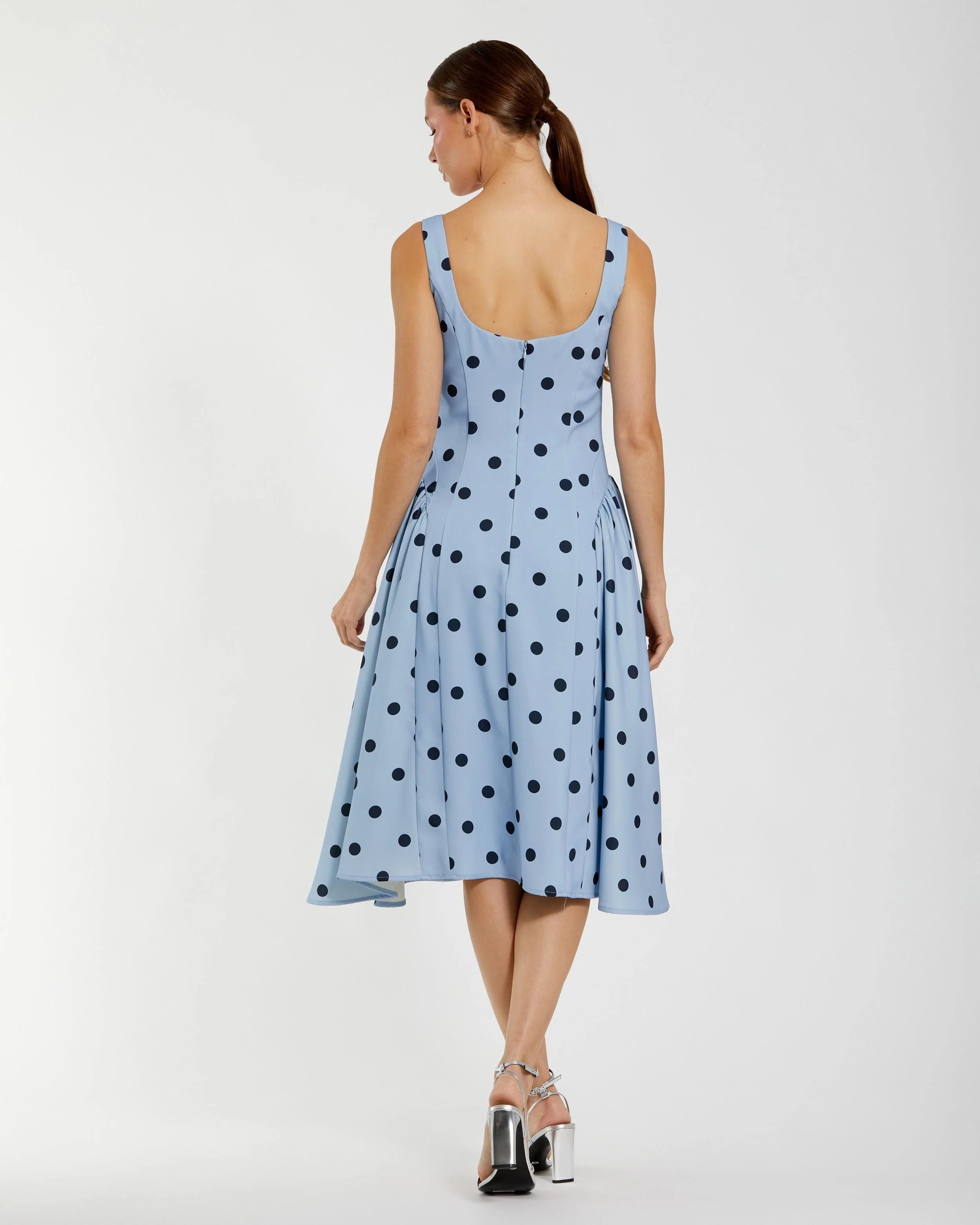 Blue Square Neck Crepe Polka Dot Fit and Flare Midi Dress