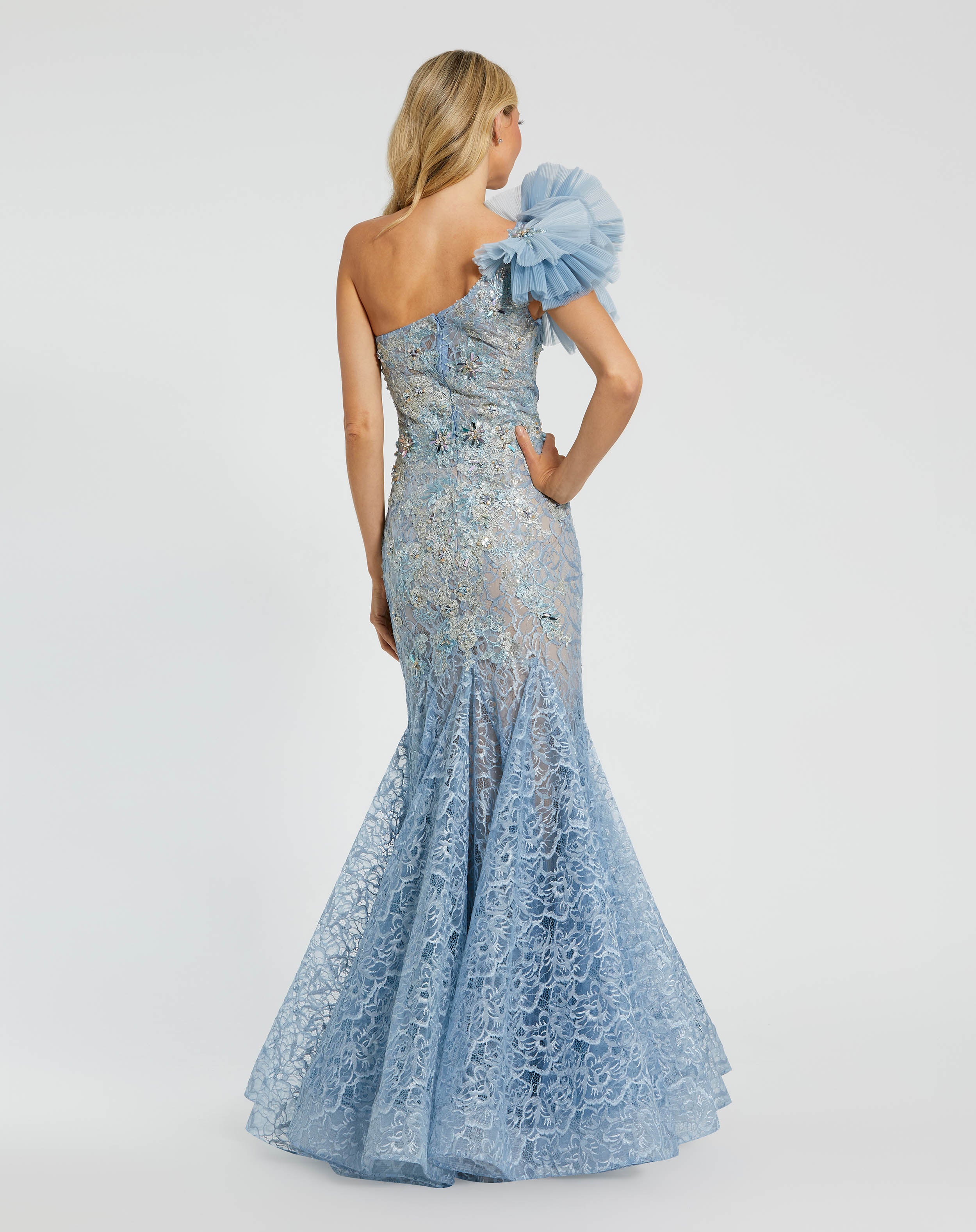 Blue Embellished Tulle Flower Detail Mermaid Gown