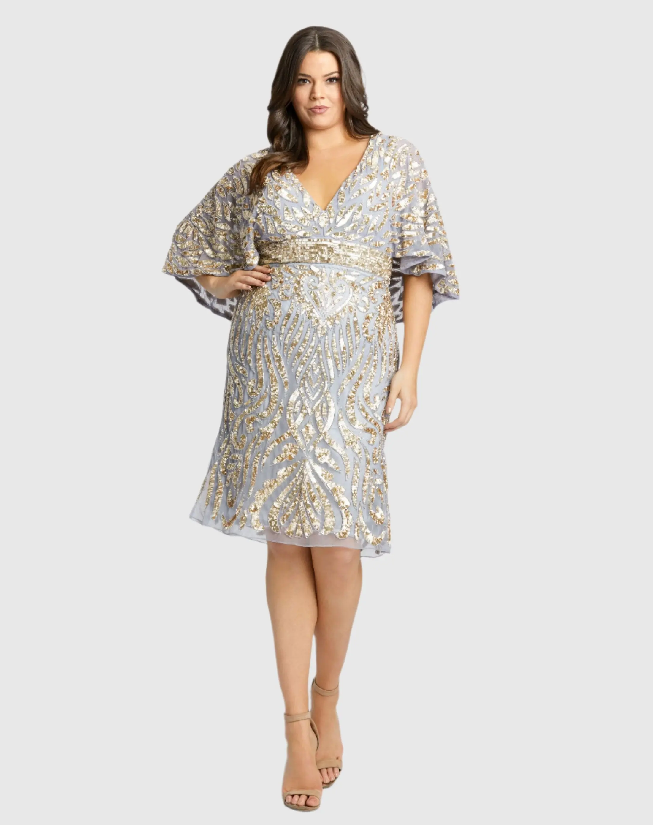 Gray Embellished Cape Sleeve Cocktail Dress (Plus)