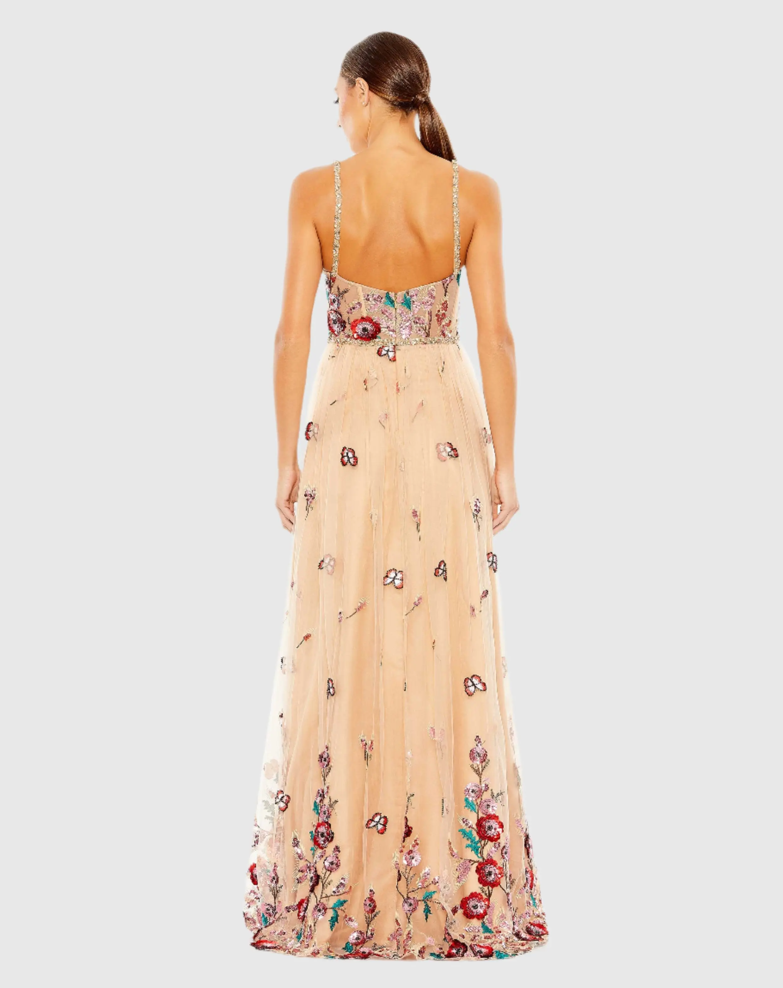 Beige Embellished Floral Detail A Line Gown