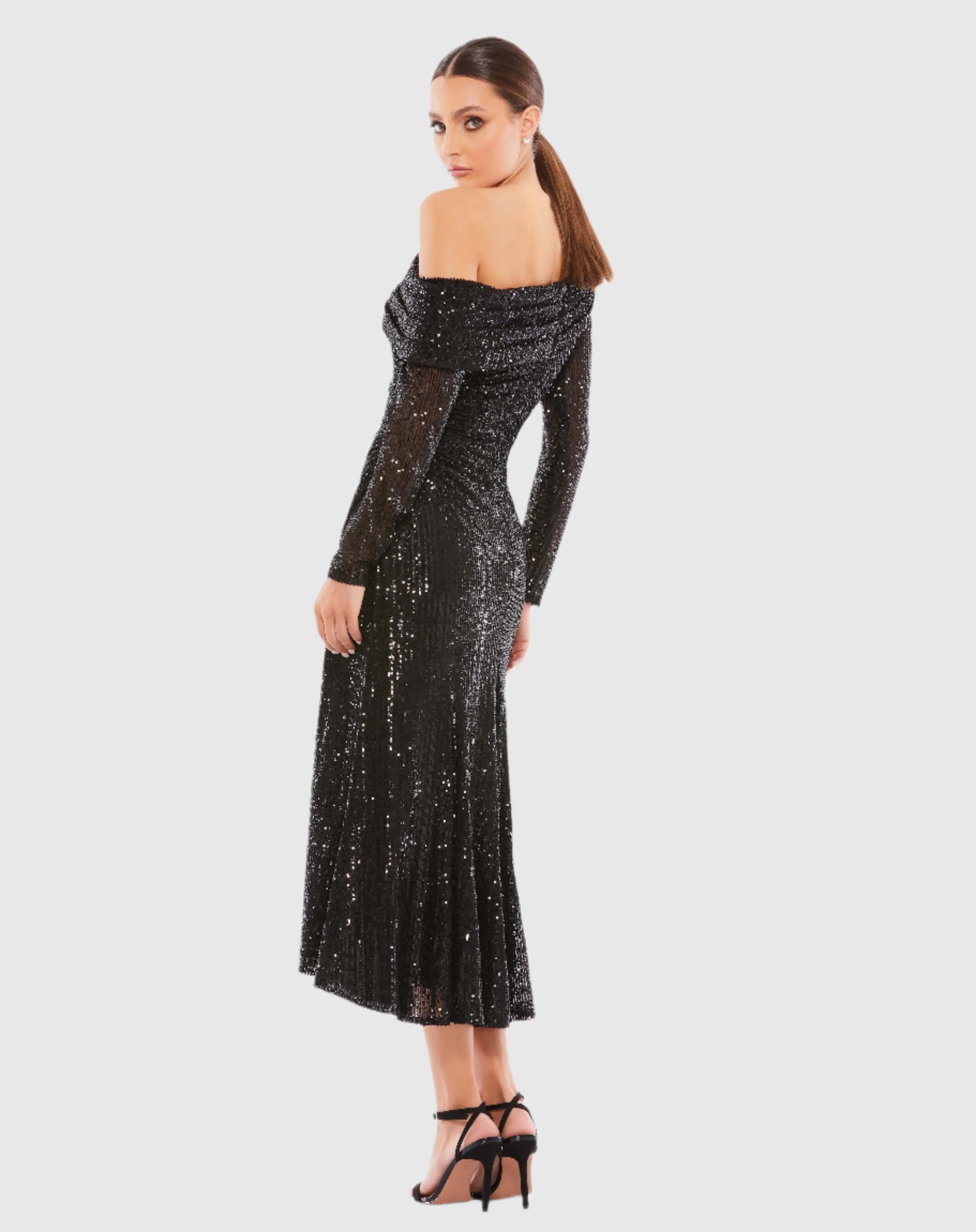 Black One Shoulder Sequin Long Sleeve Midi Dress