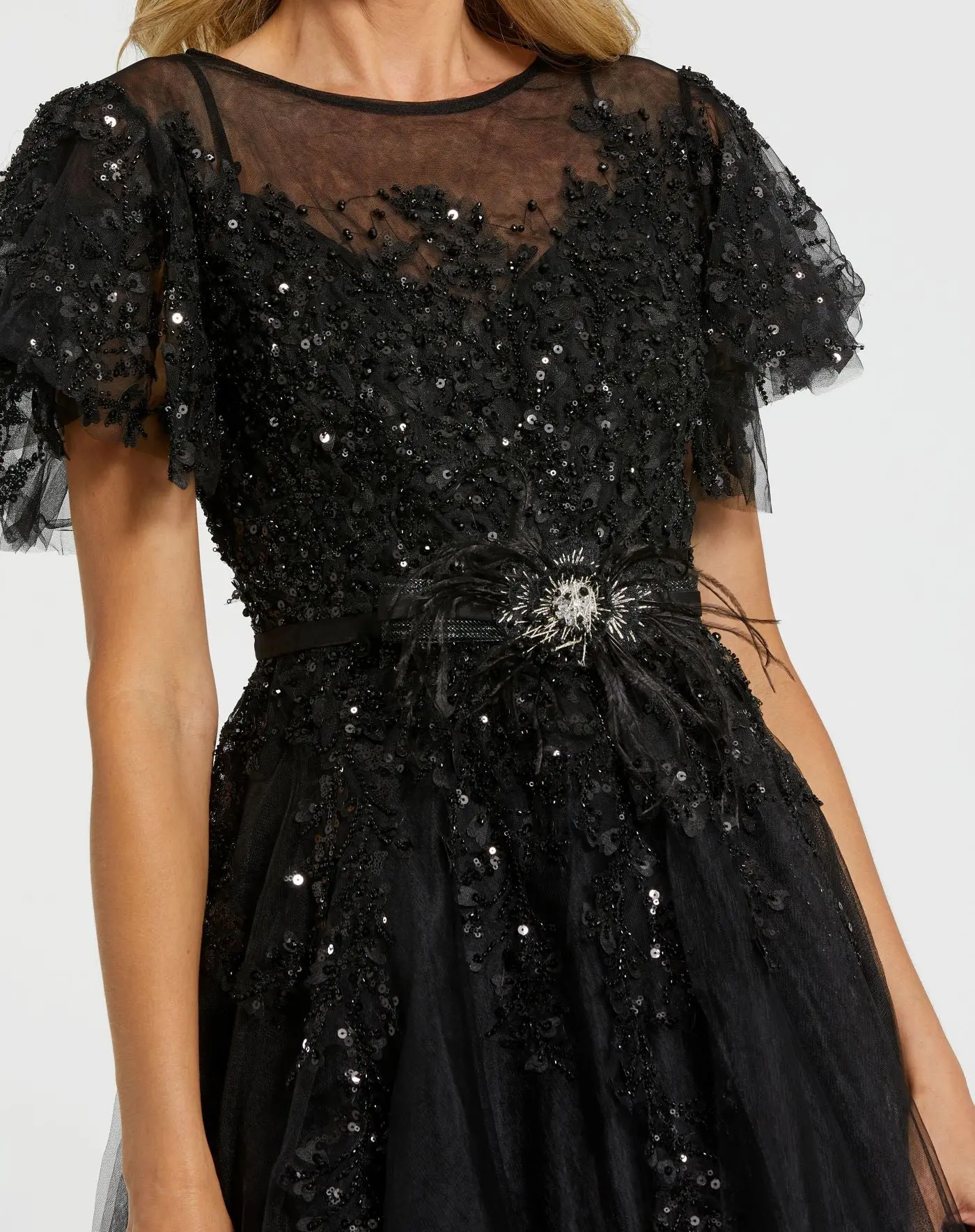 Black Embellished Flutter Sleeve Bow Waist A Line Dress