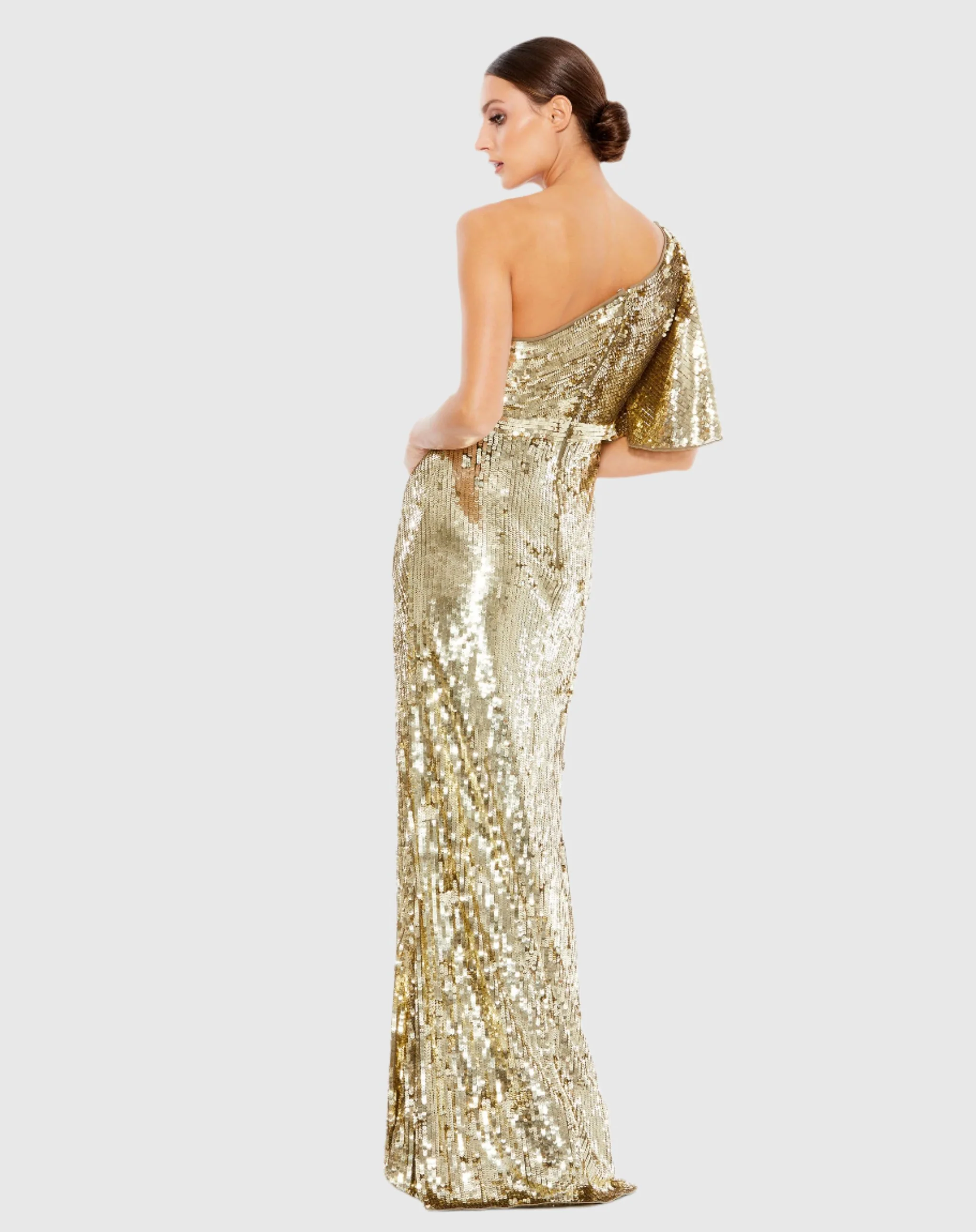 Gold Embellished Cap Sleeve Cowl Neck Trumpet Gown