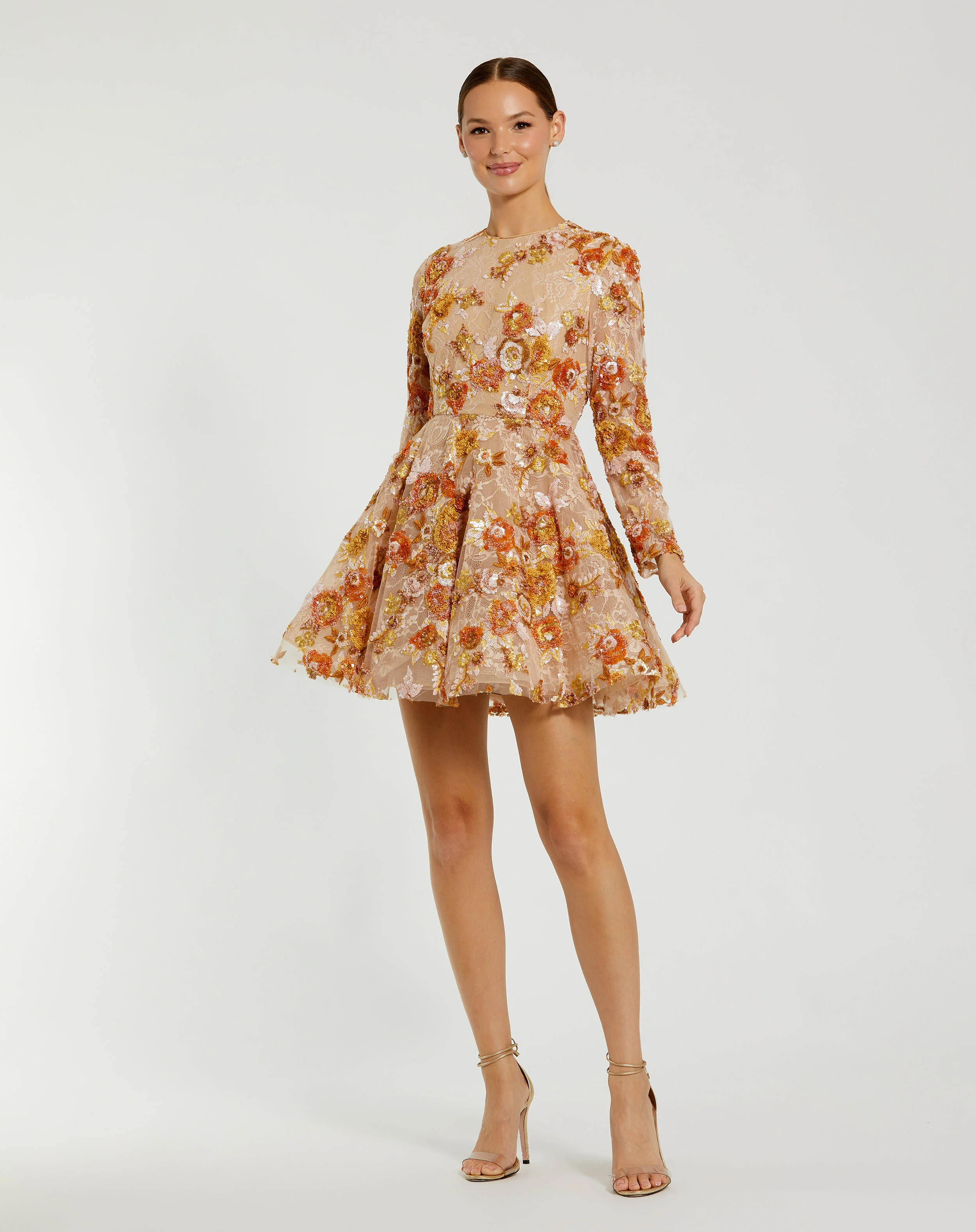 Beige High Neck Long Sleeve Sequin A Line Mini Dress