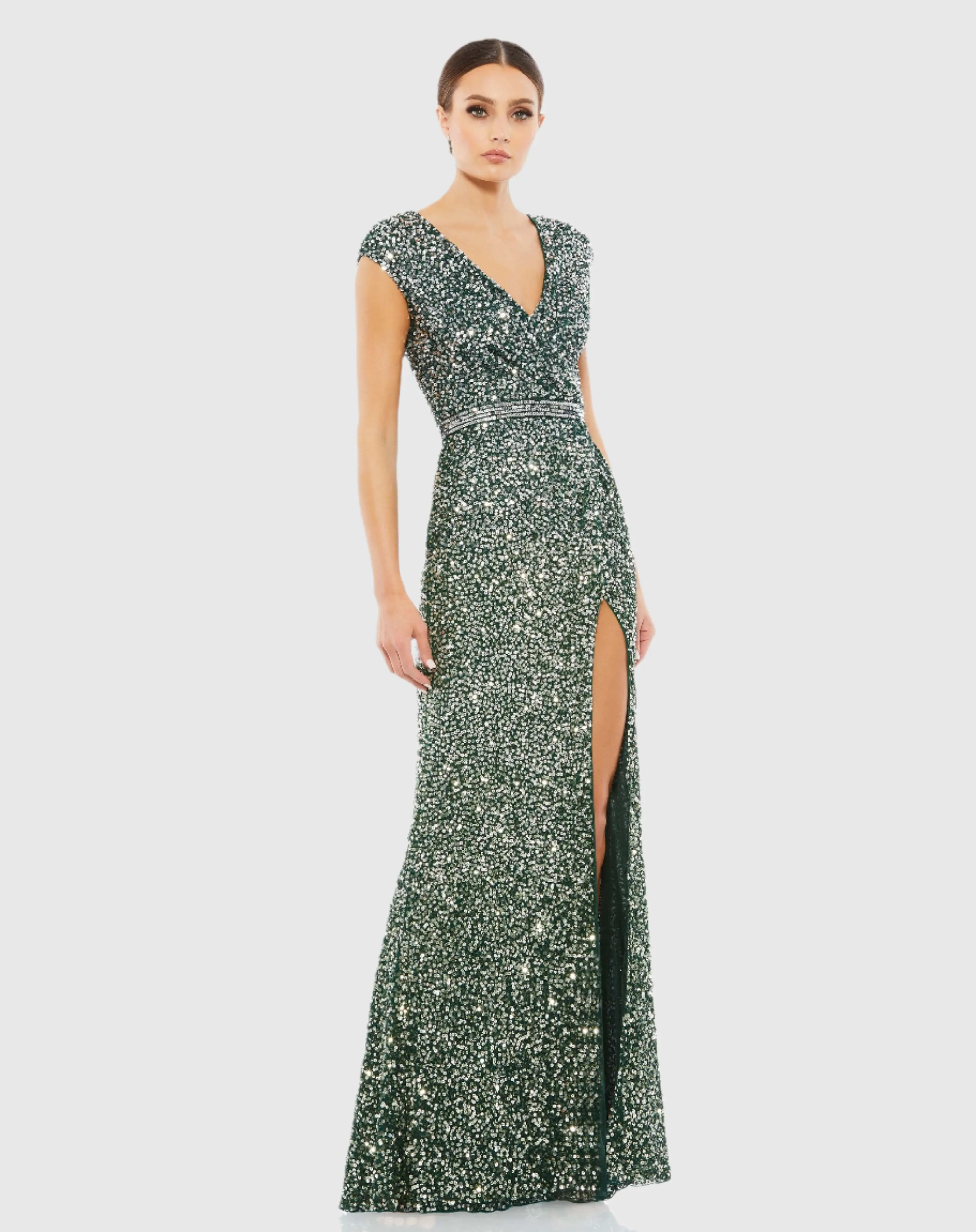 Green Cap Sleeve Sequined High Slit Gown