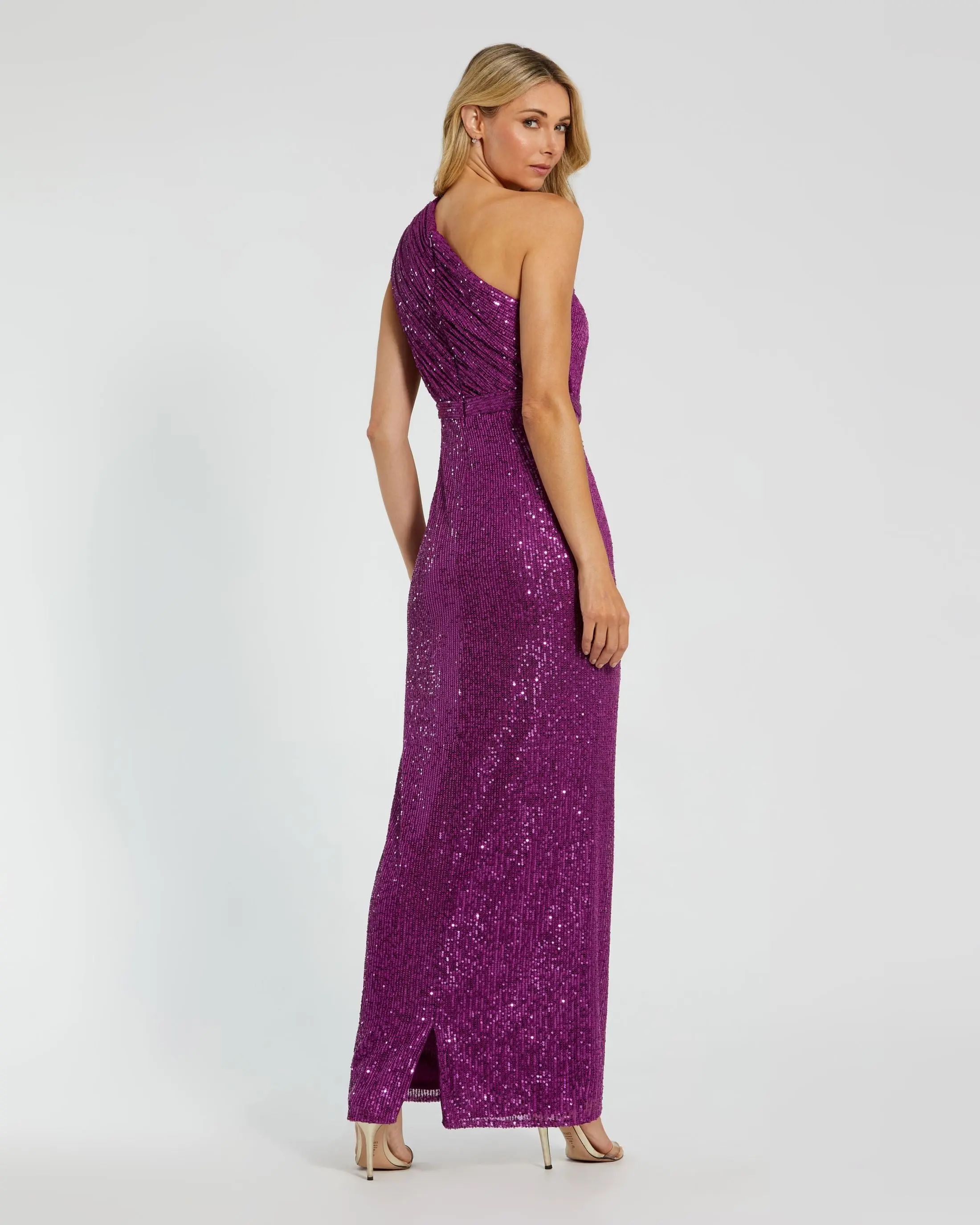 Dark Purple Sequined Ruched One Shoulder Gown