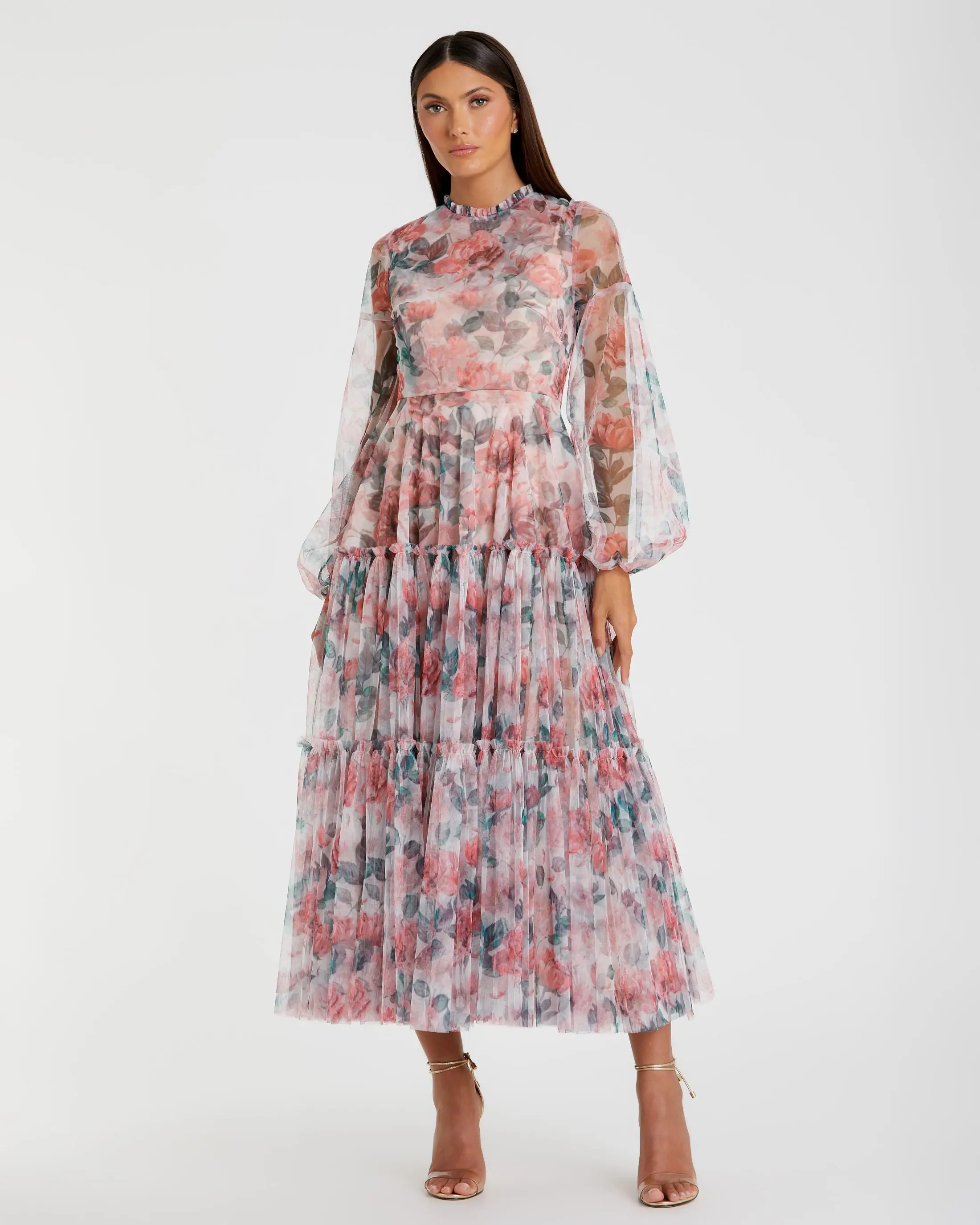 Multicolor Floral High Neck Balloon Sleeve Midi Dress