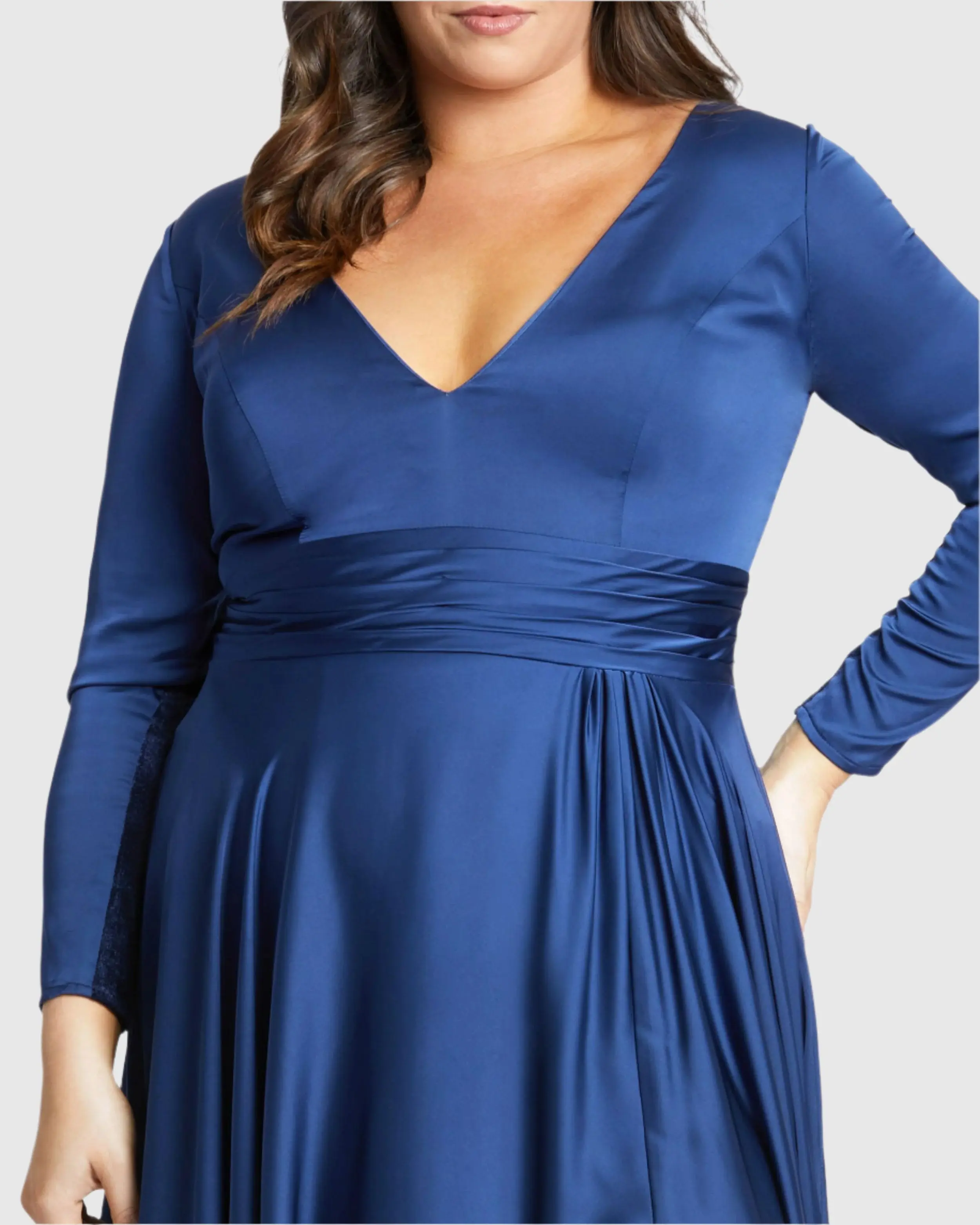 Navy Satin Long Sleeve Evening Gown (Plus)