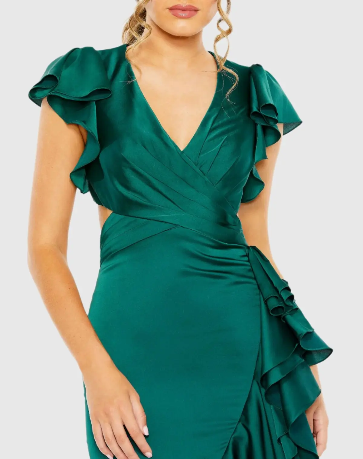 Green Flutter Sleeve Cut Out Asymmetrical Ruffled Dress