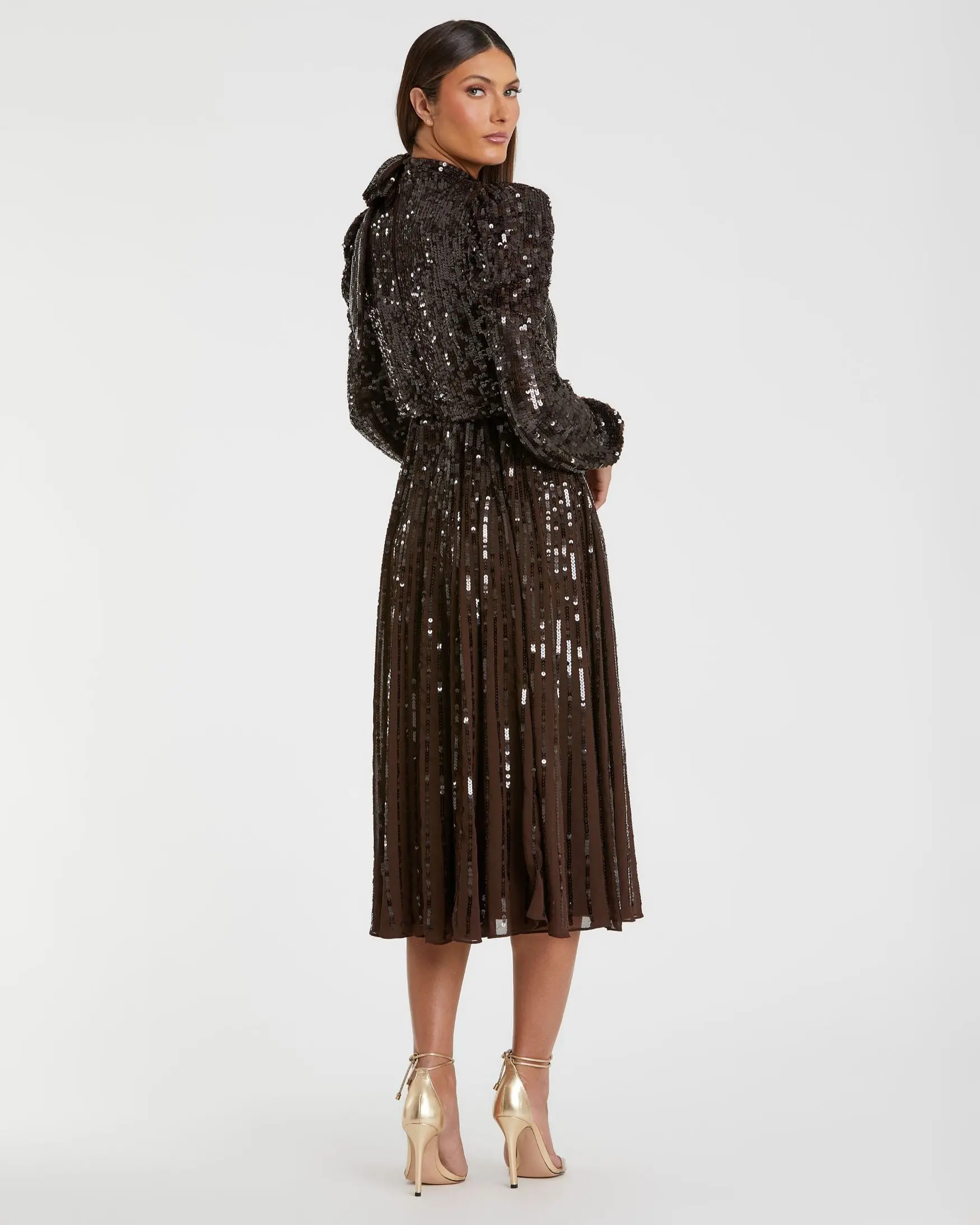 Brown Long Sleeve Sequin Tea Length Dress