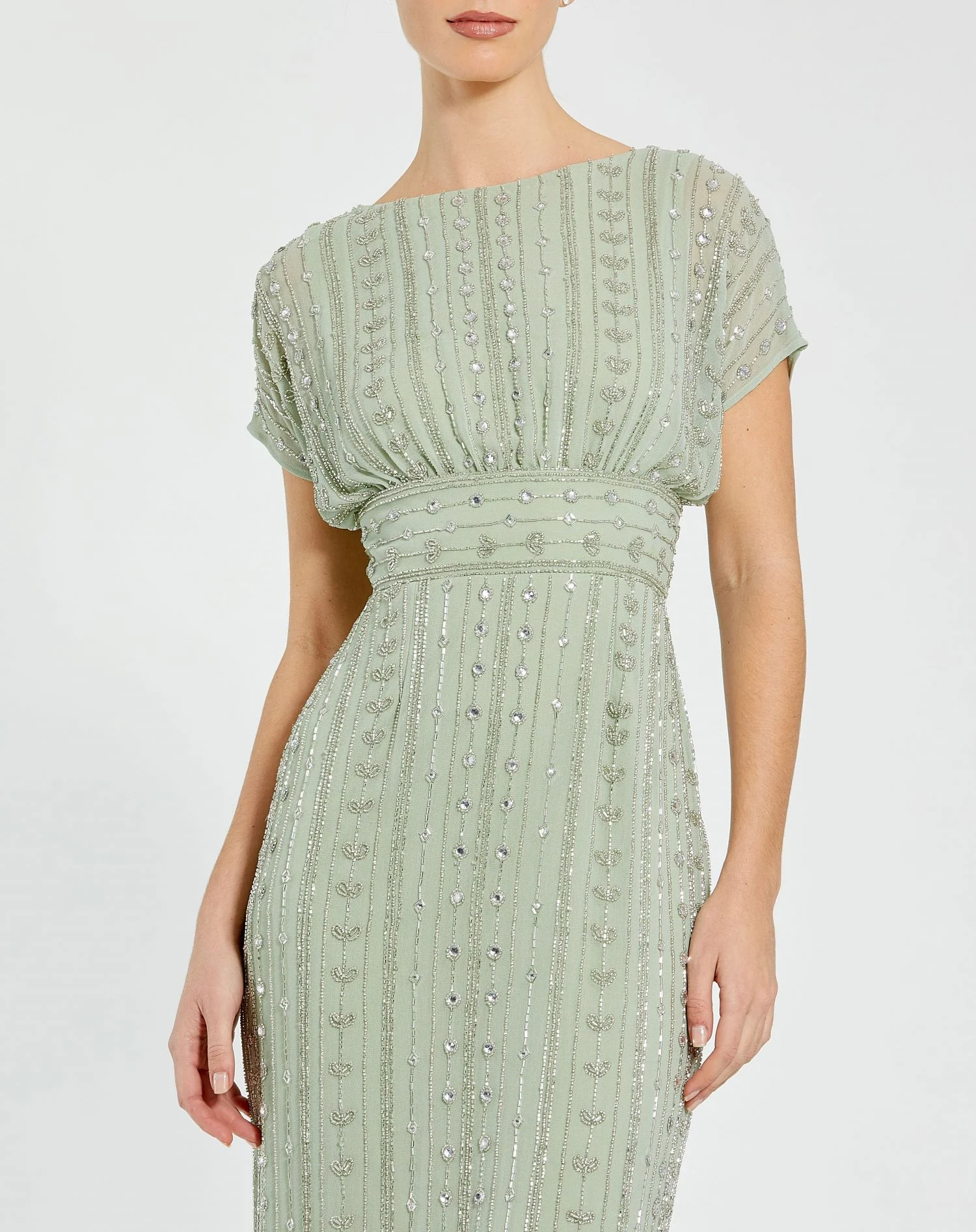 Green Beaded Cap Sleeve Empire Waist Sheath Midi Dress