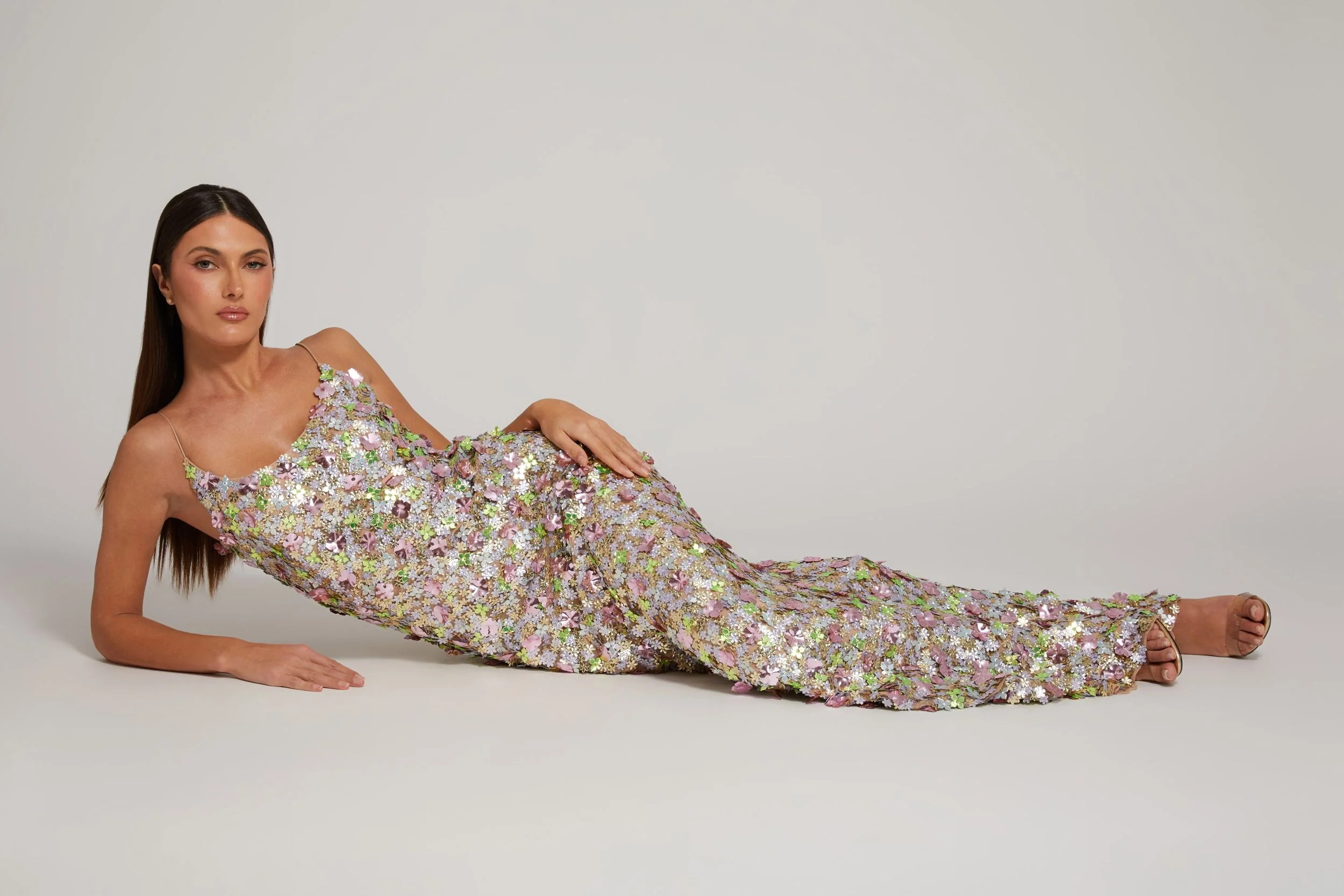 Multicolor Sleeveless Floral Paillette Embellished Mesh Gown