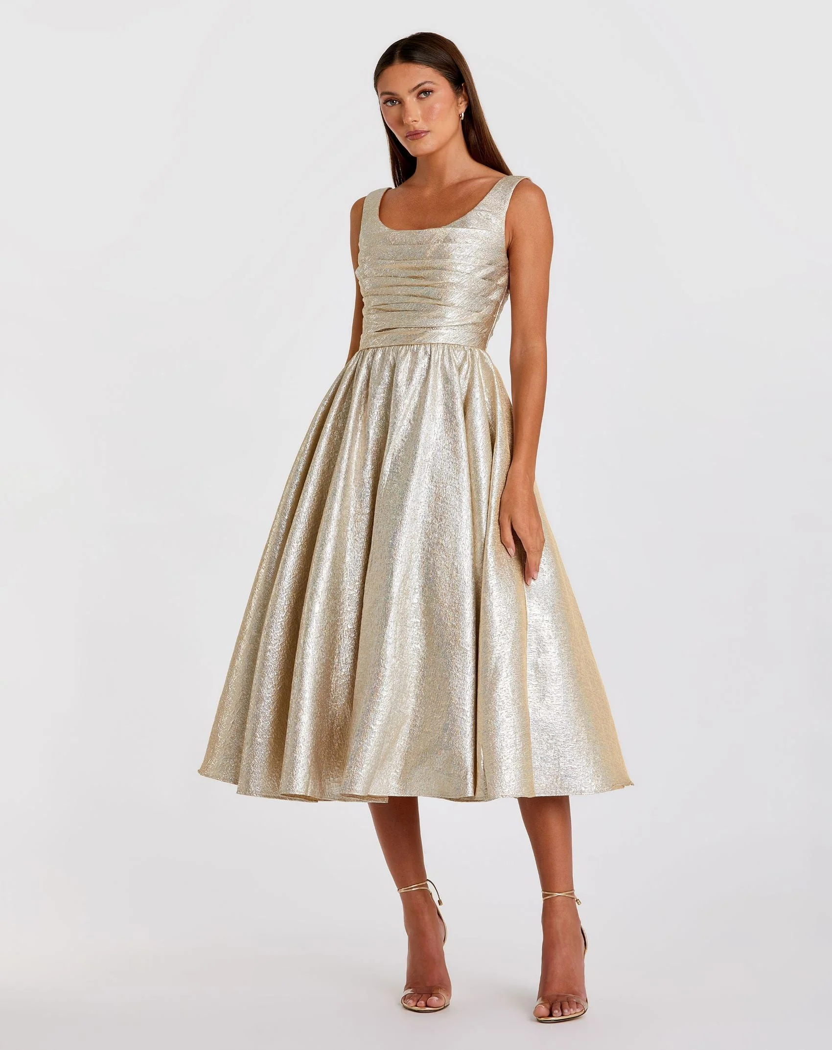 Gold Square Neck Sleeveless A Line Dress