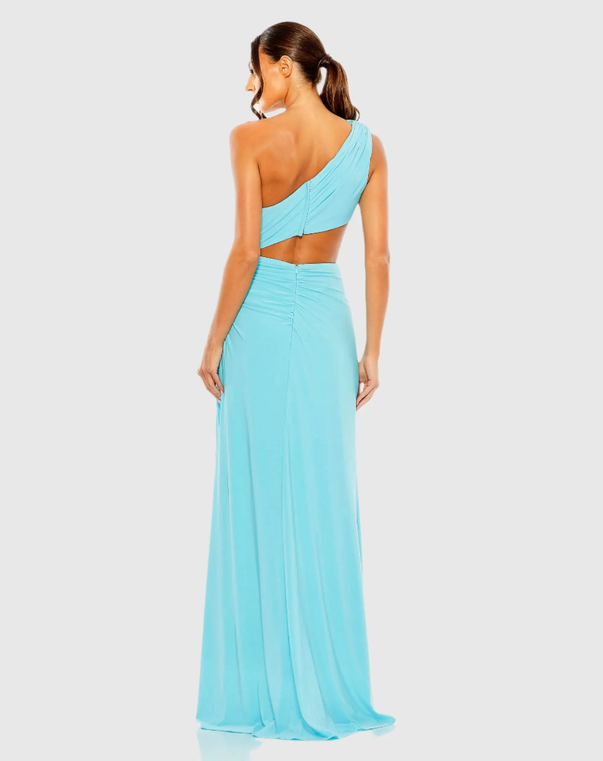 Blue Cut Out One Shoulder Ruched Back Gown