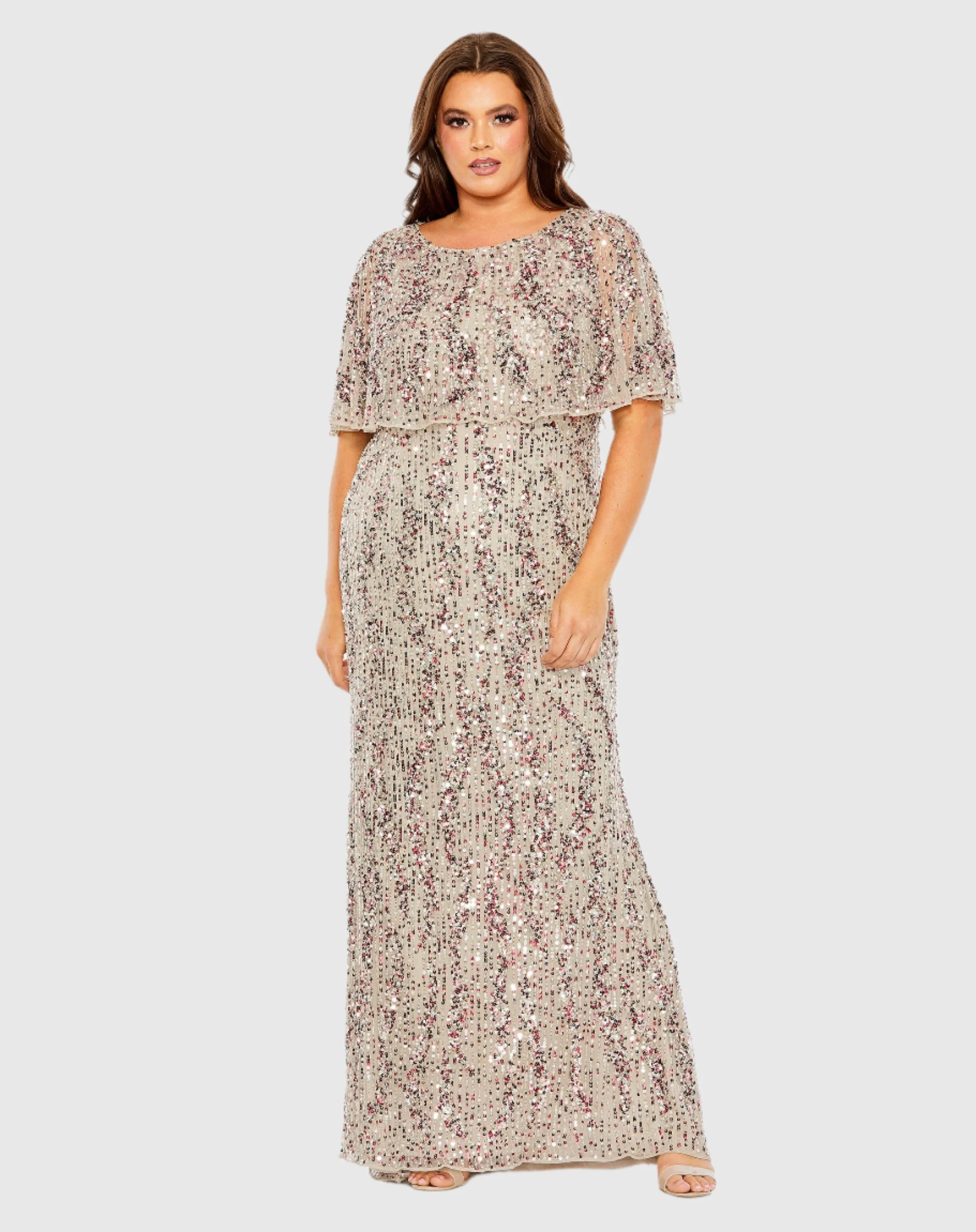 Beige High Neck Column Gown with Cape