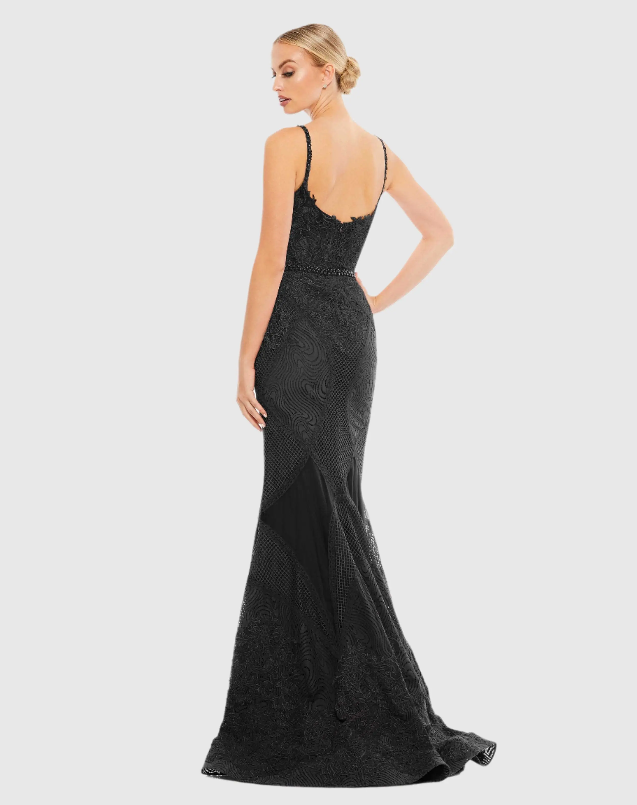 Black Embroidered Sleeveless Plunge Neck Trumpet Gown
