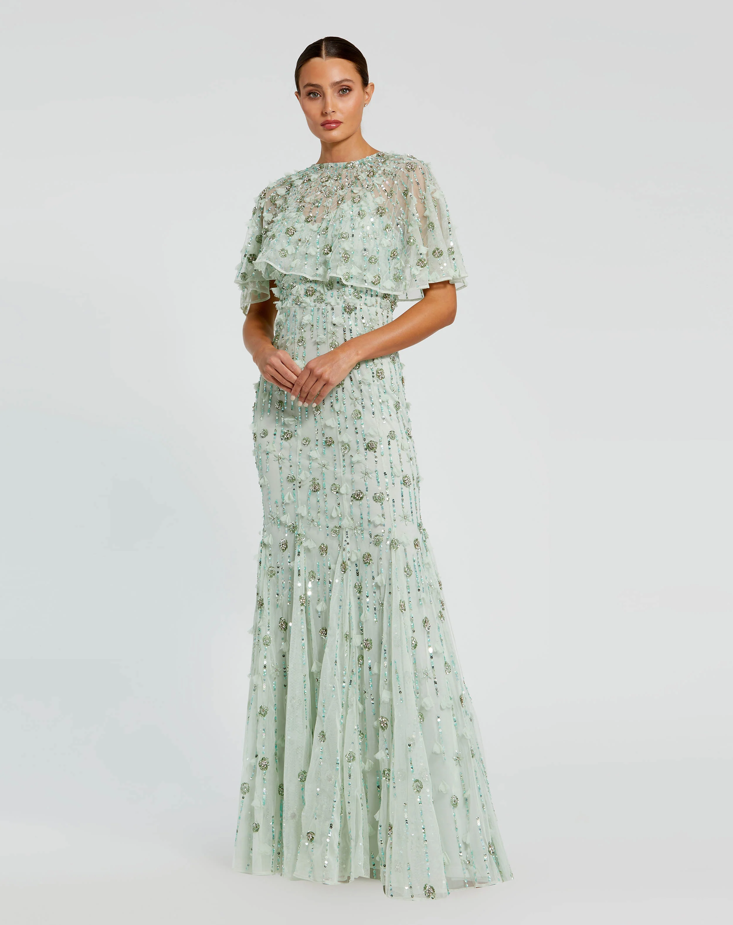 Green Embellished Illusion Cape Sleeve Trumpet Gown