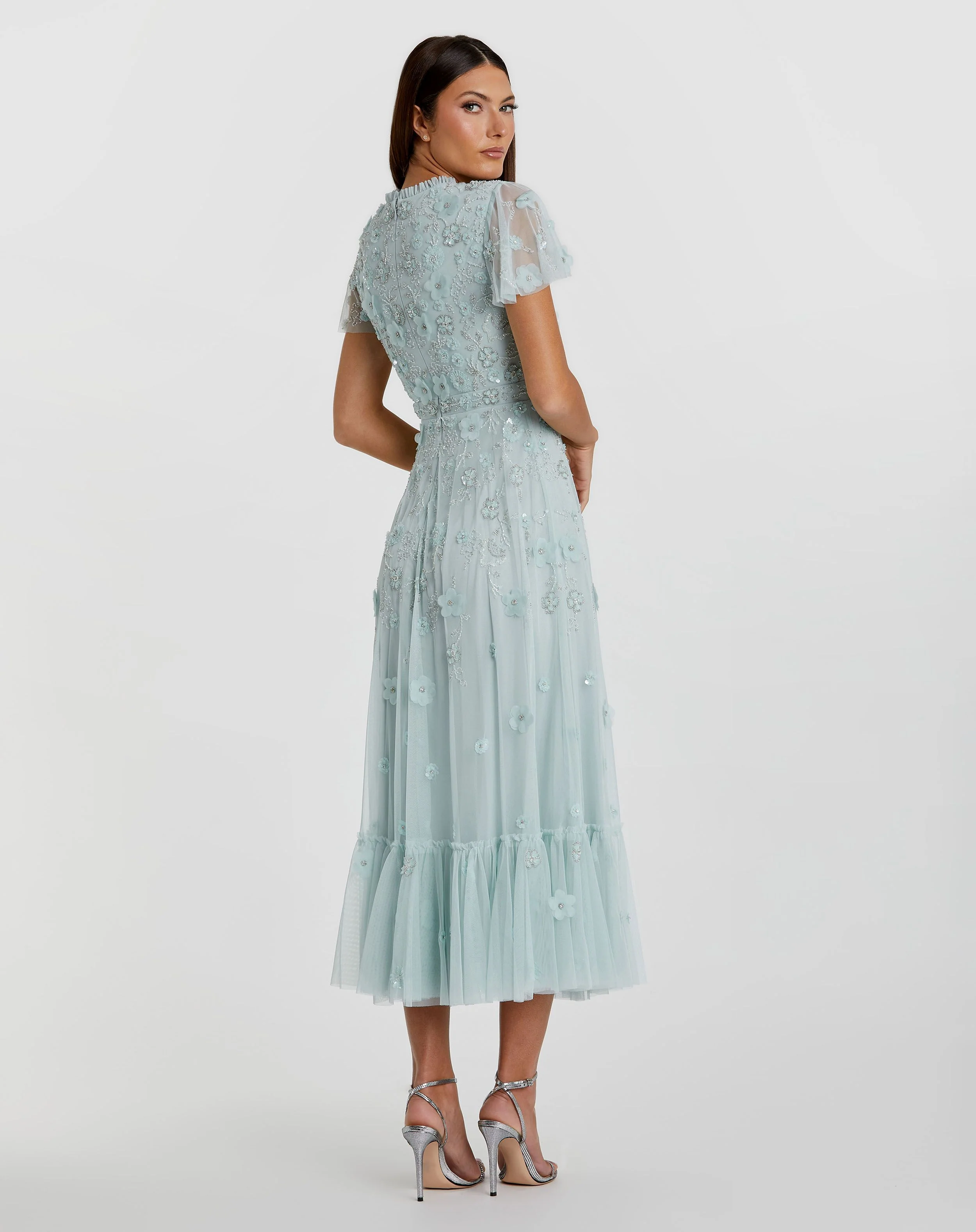 Blue Embellished High Neck Cap Sleeve A Line Dress