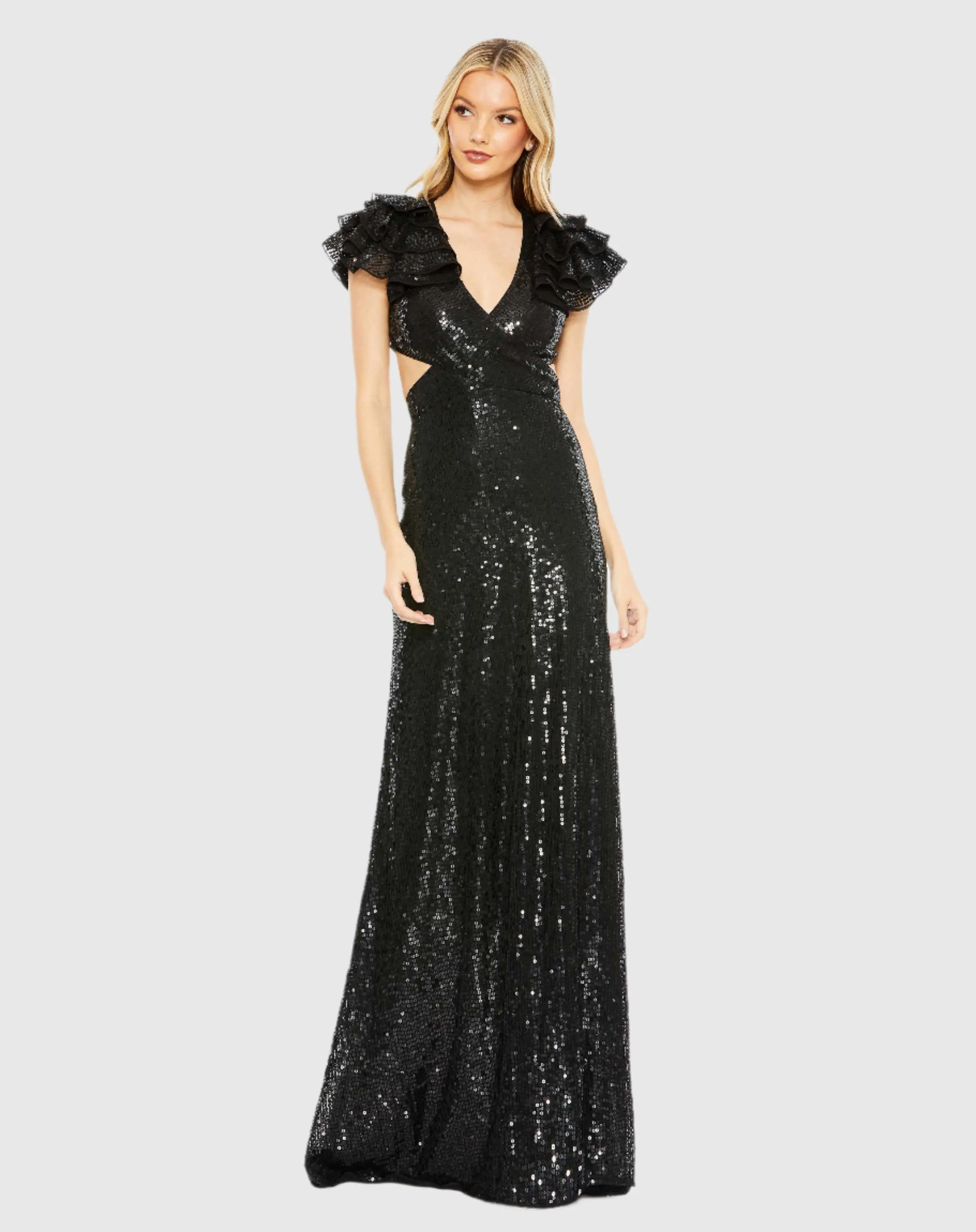Black Sequin Ruffled Cut Out Lace Up Gown - FINAL SALE