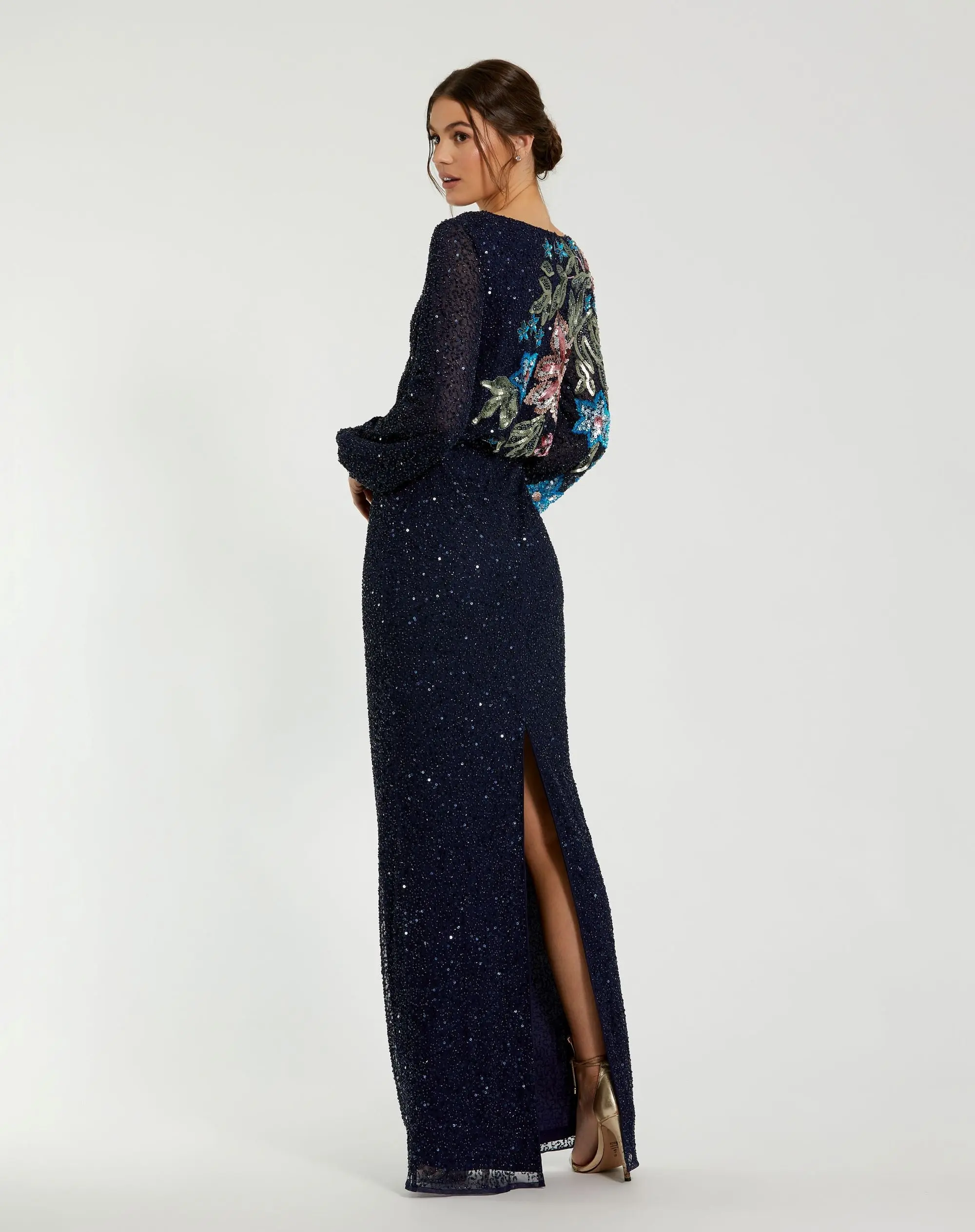 Navy Embellished Multi Color Floral High Neck Gown