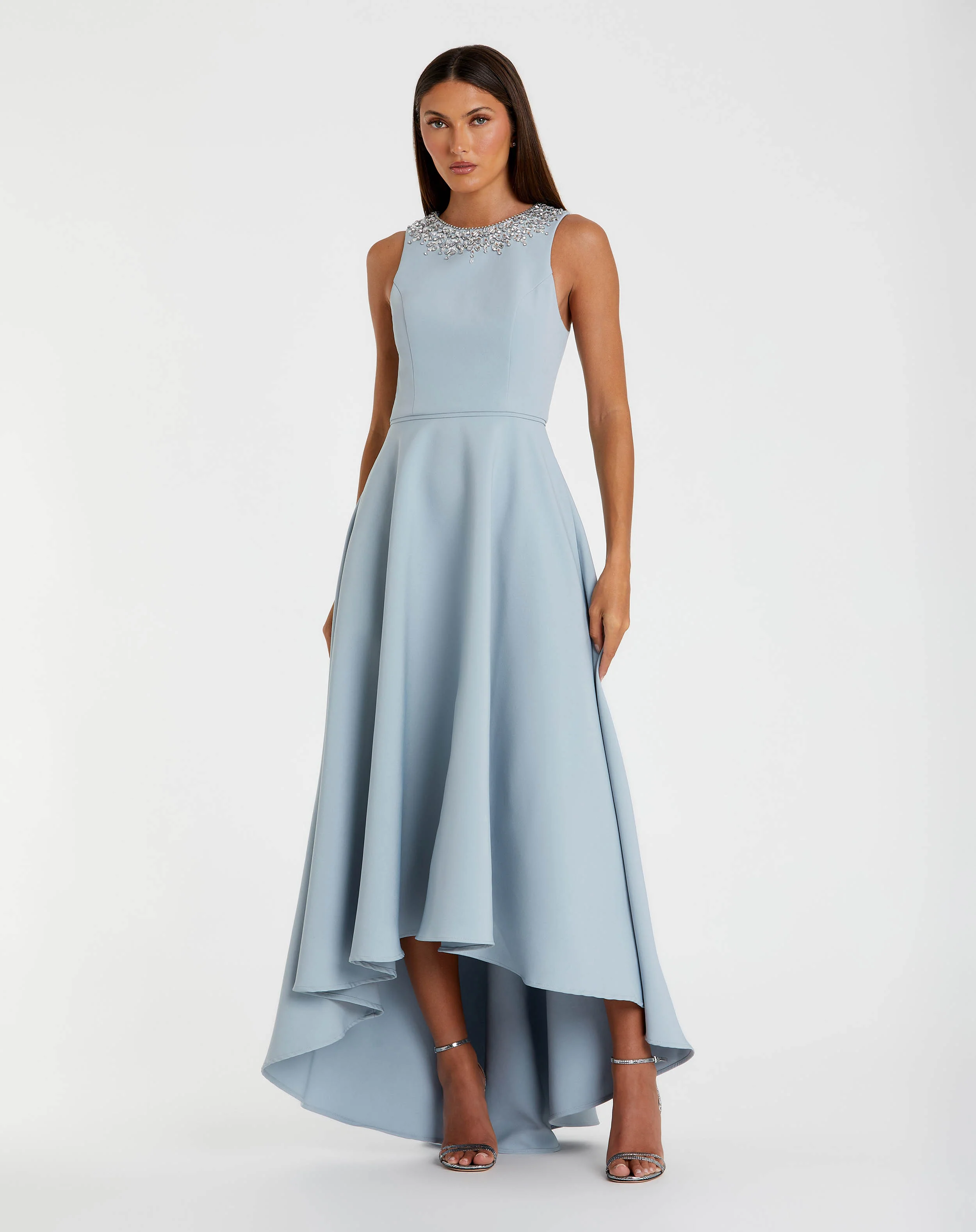 Blue Crepe Embellished Neck High Low Gown