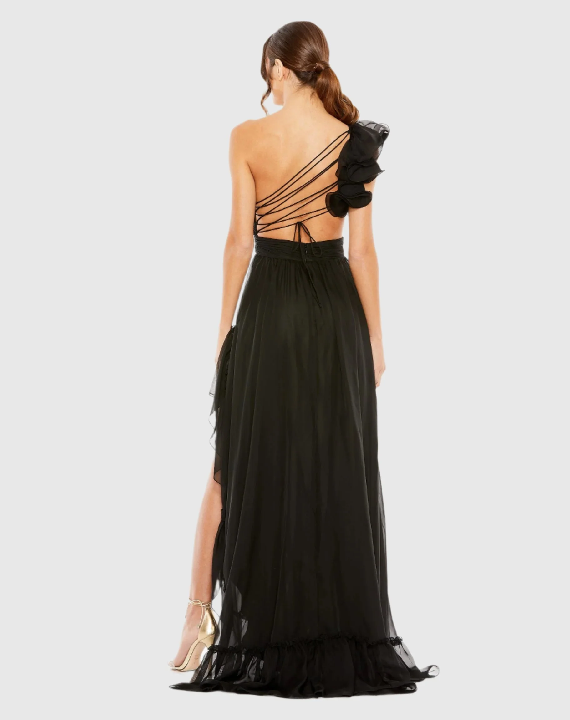 Black Ruffled One Shoulder Asymmetrical Gown