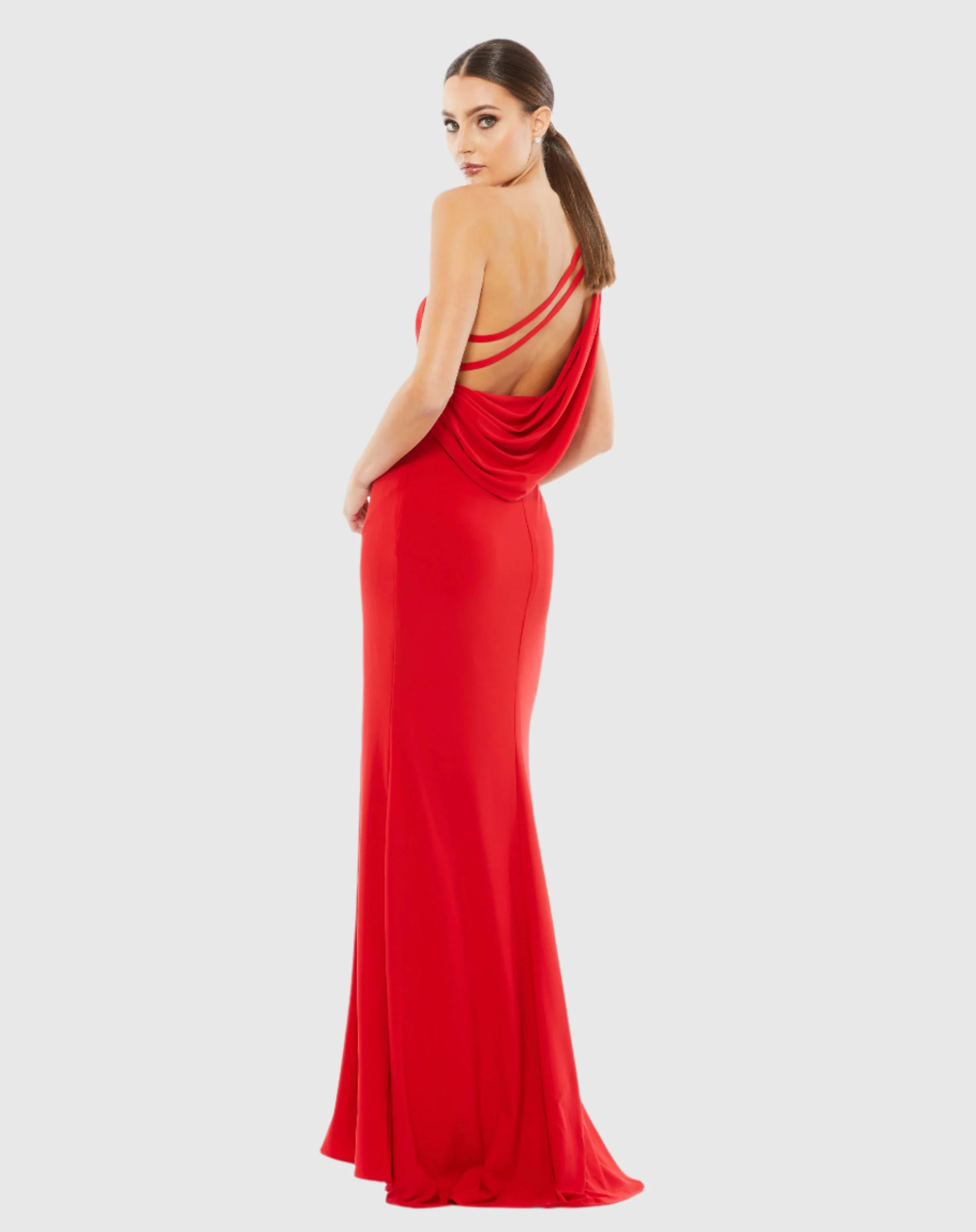 Red Jersey One Shoulder Draped Back Gown
