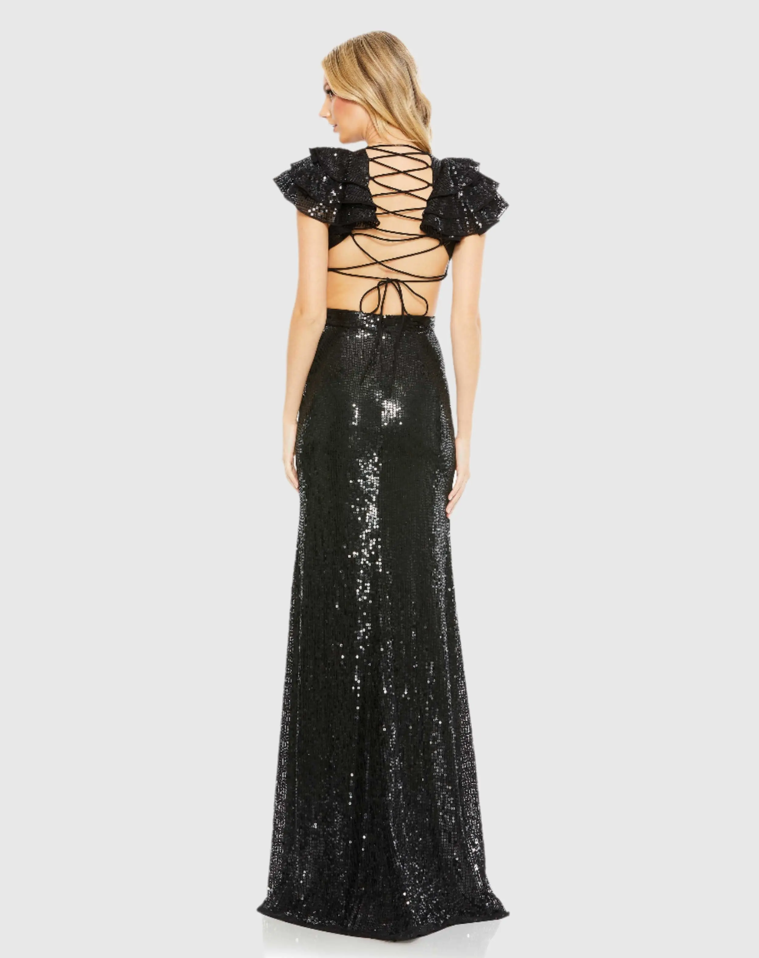 Black Sequin Ruffled Cut Out Lace Up Gown - FINAL SALE