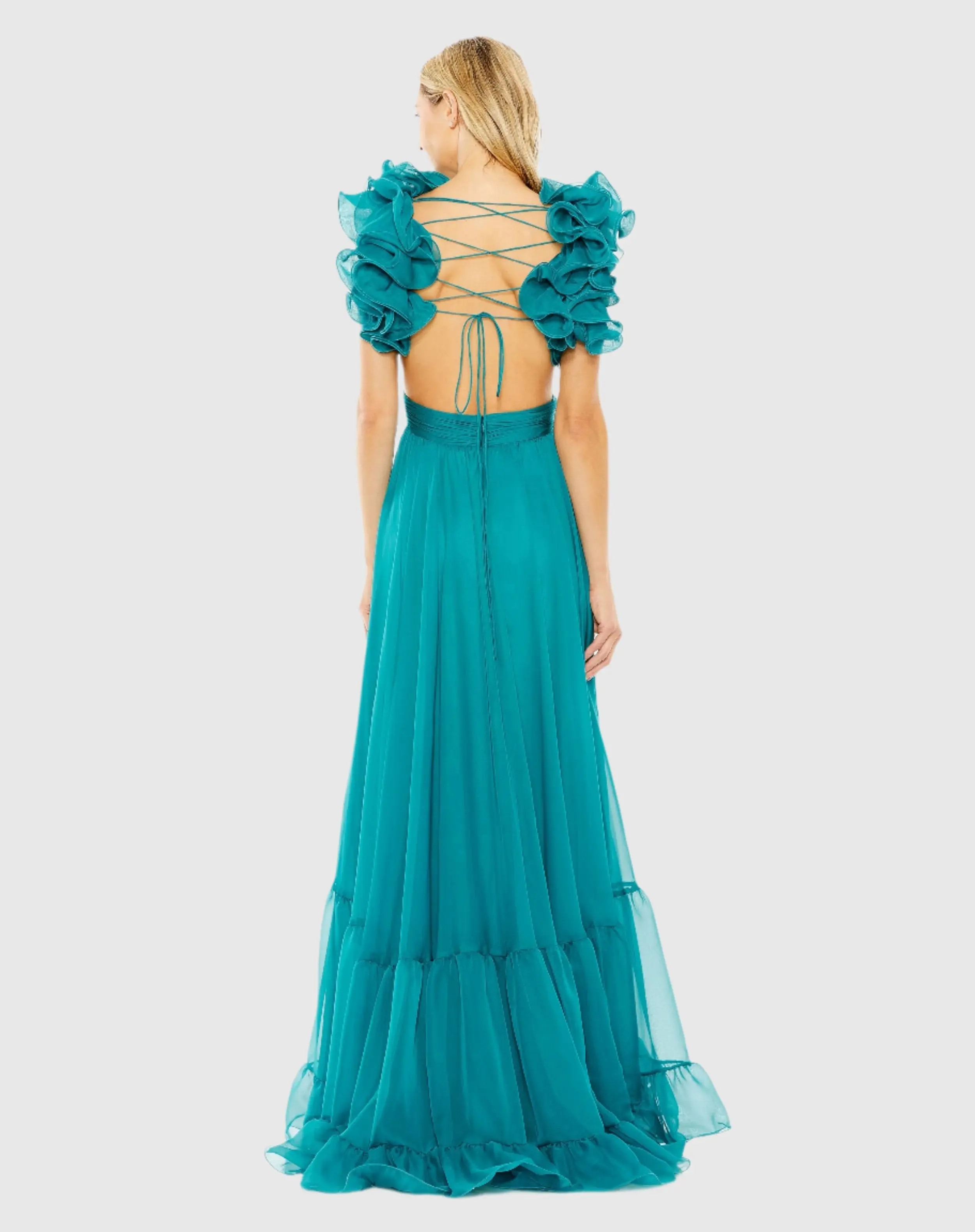 Ruffle Tiered Cut-Out Chiffon Gown