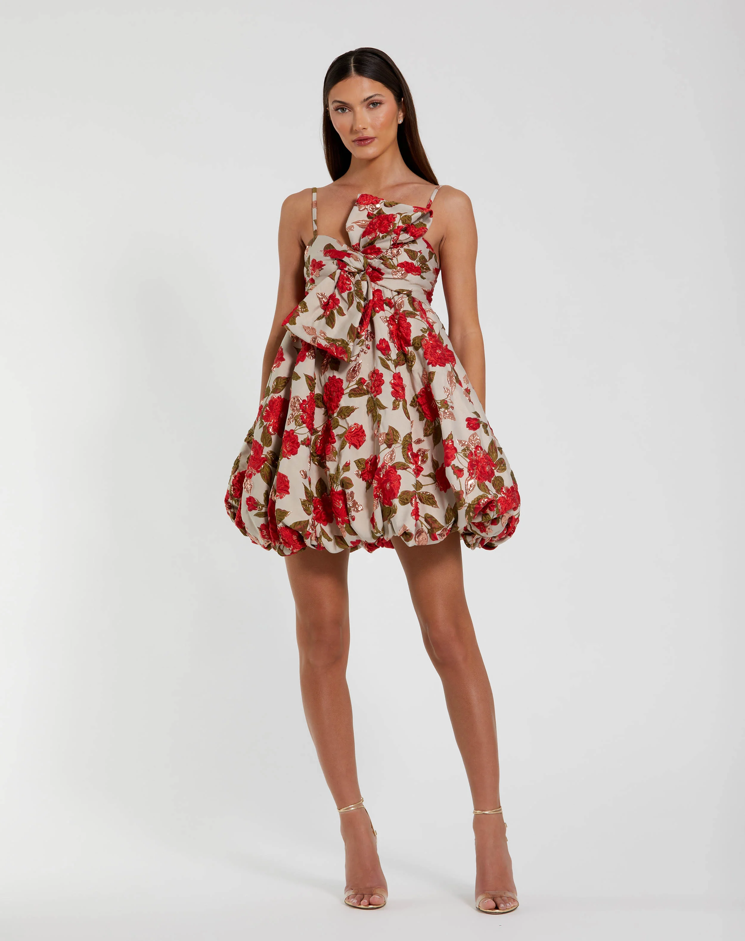 Multicolor Brocade Thin Strap Puff Mini Dress With Bow