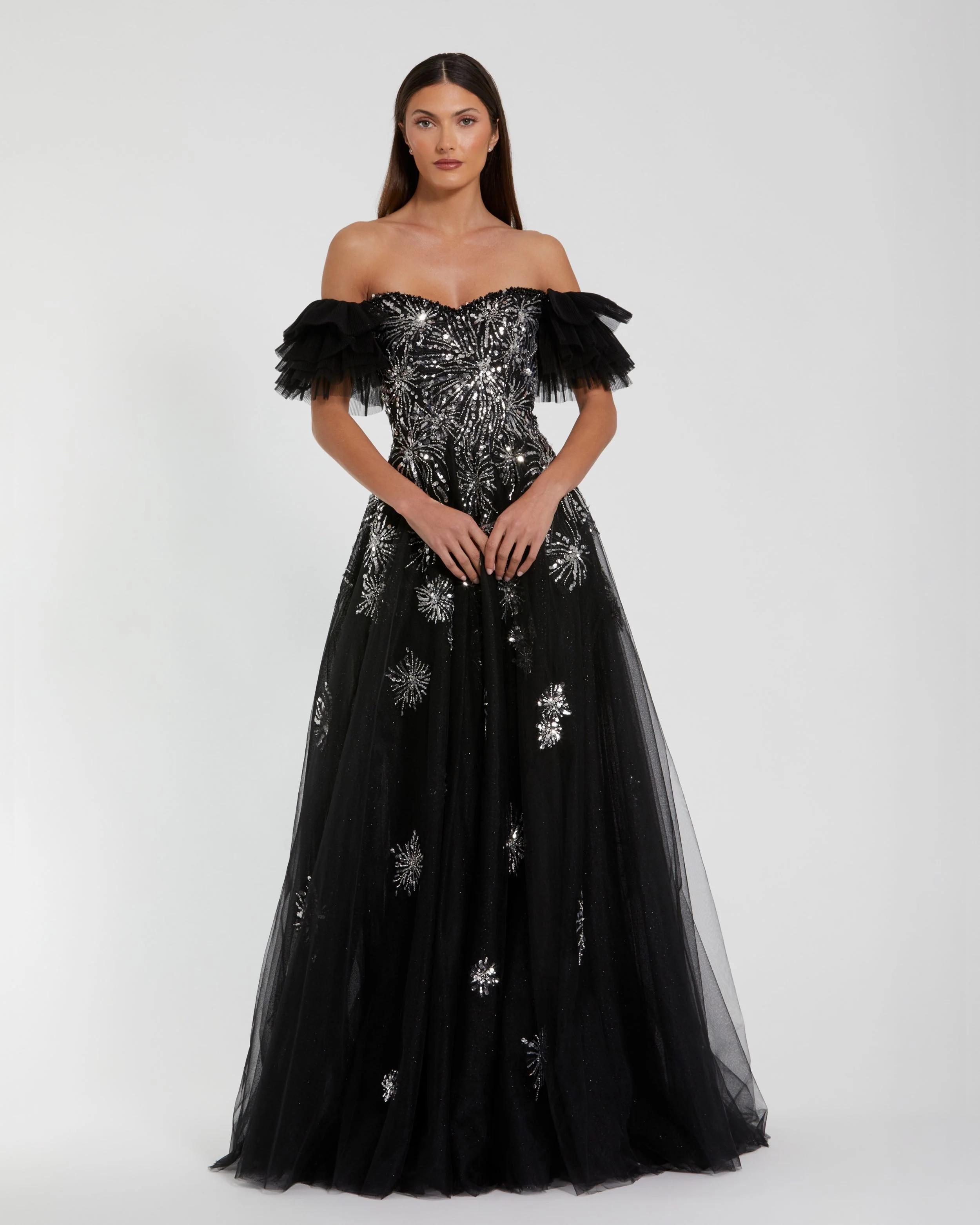 Black Tulle Off The Shoulder Gown With Sequin Details