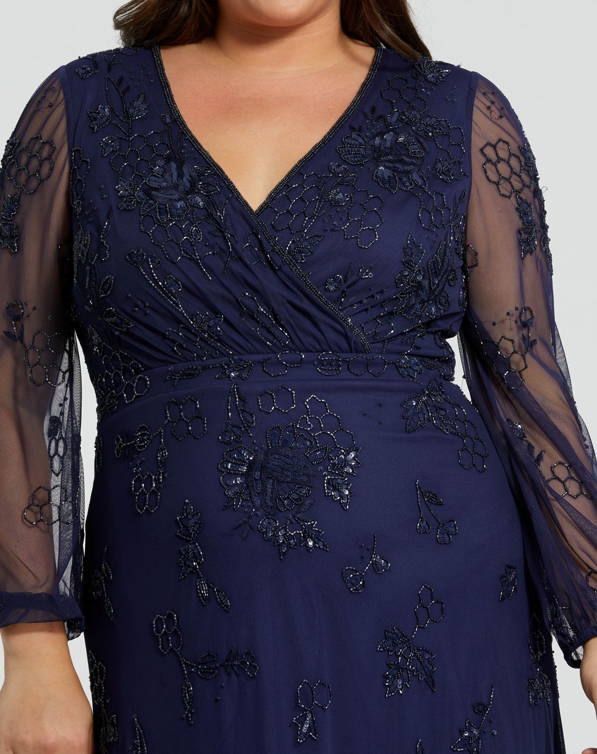 Navy Puff Sleeve V-Neck Tiered Embellished Gown - Plus