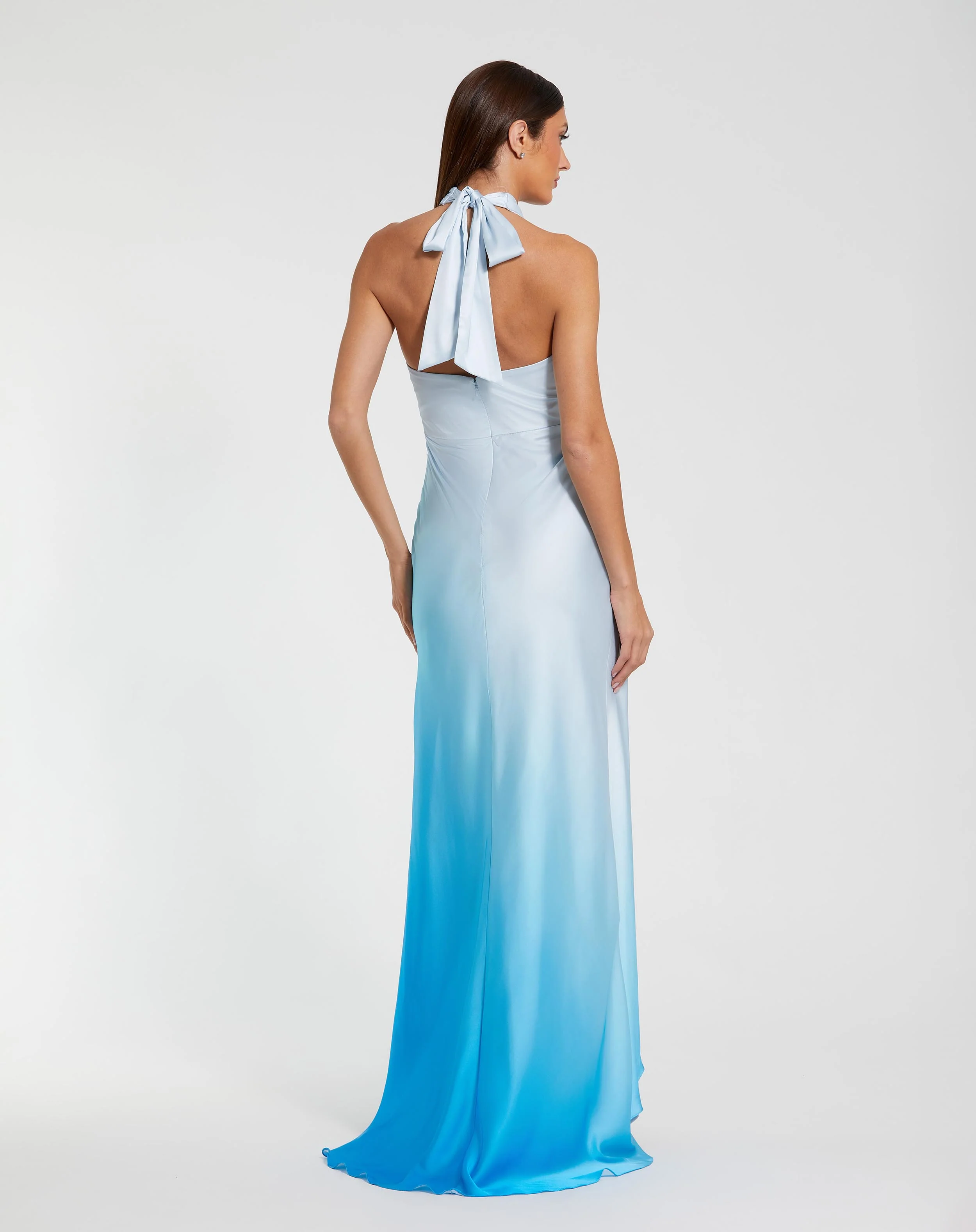 Blue Charmeuse Tie Halter Neck Ombre Gown
