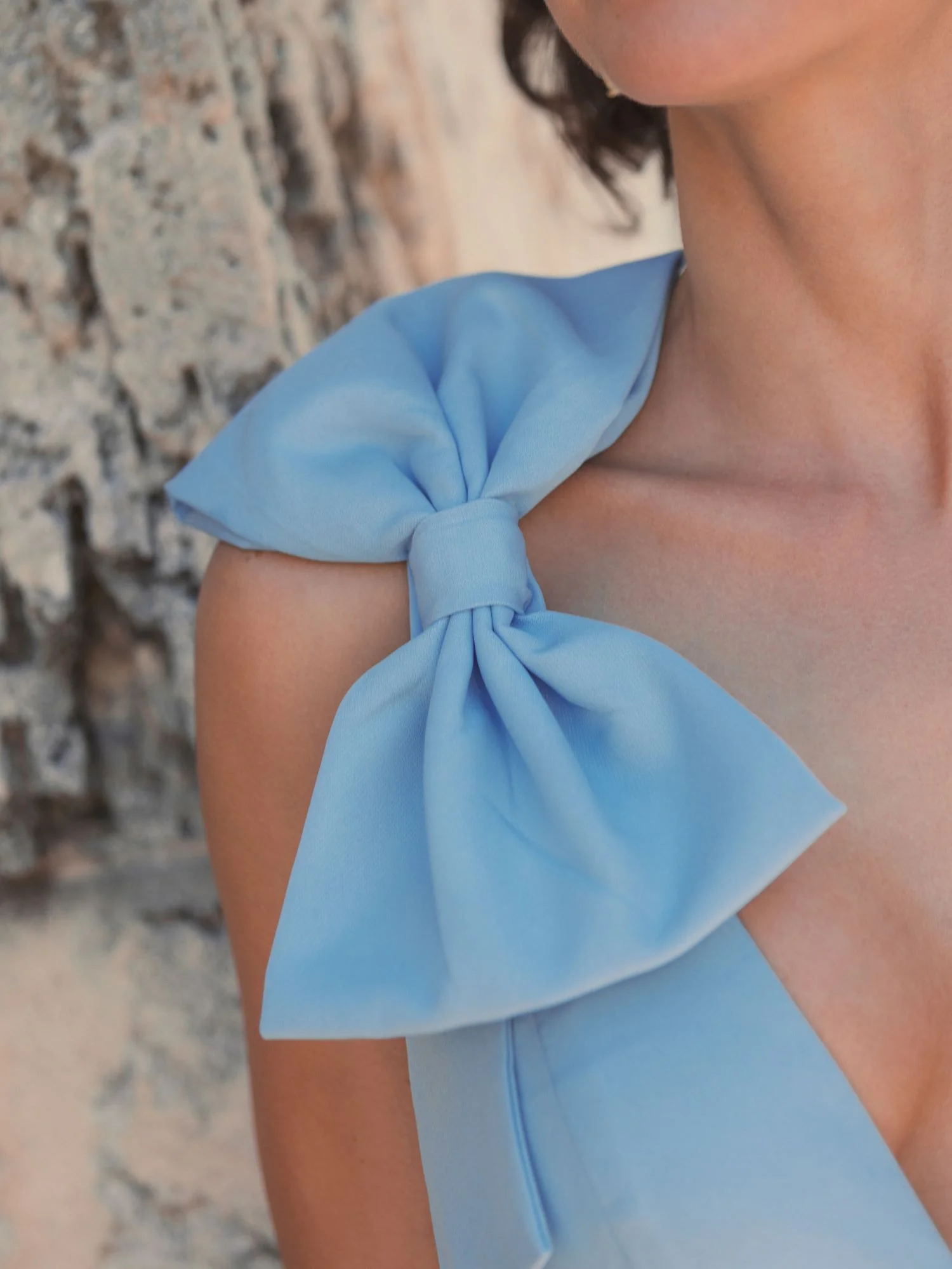 Blue Sleeveless V Neck Bow Detail Mermaid Gown