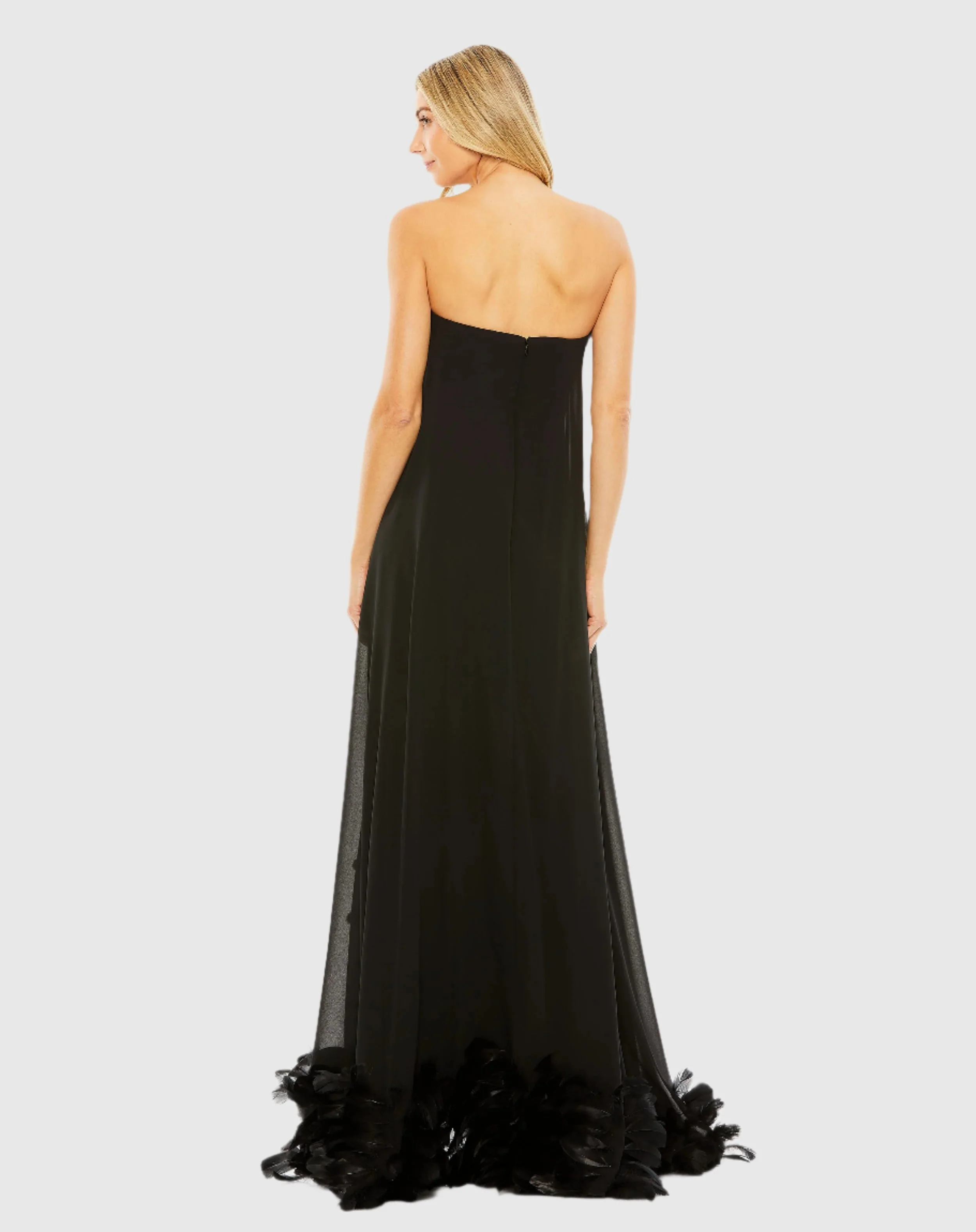 Black Strapless Flare Feather Hem Gown