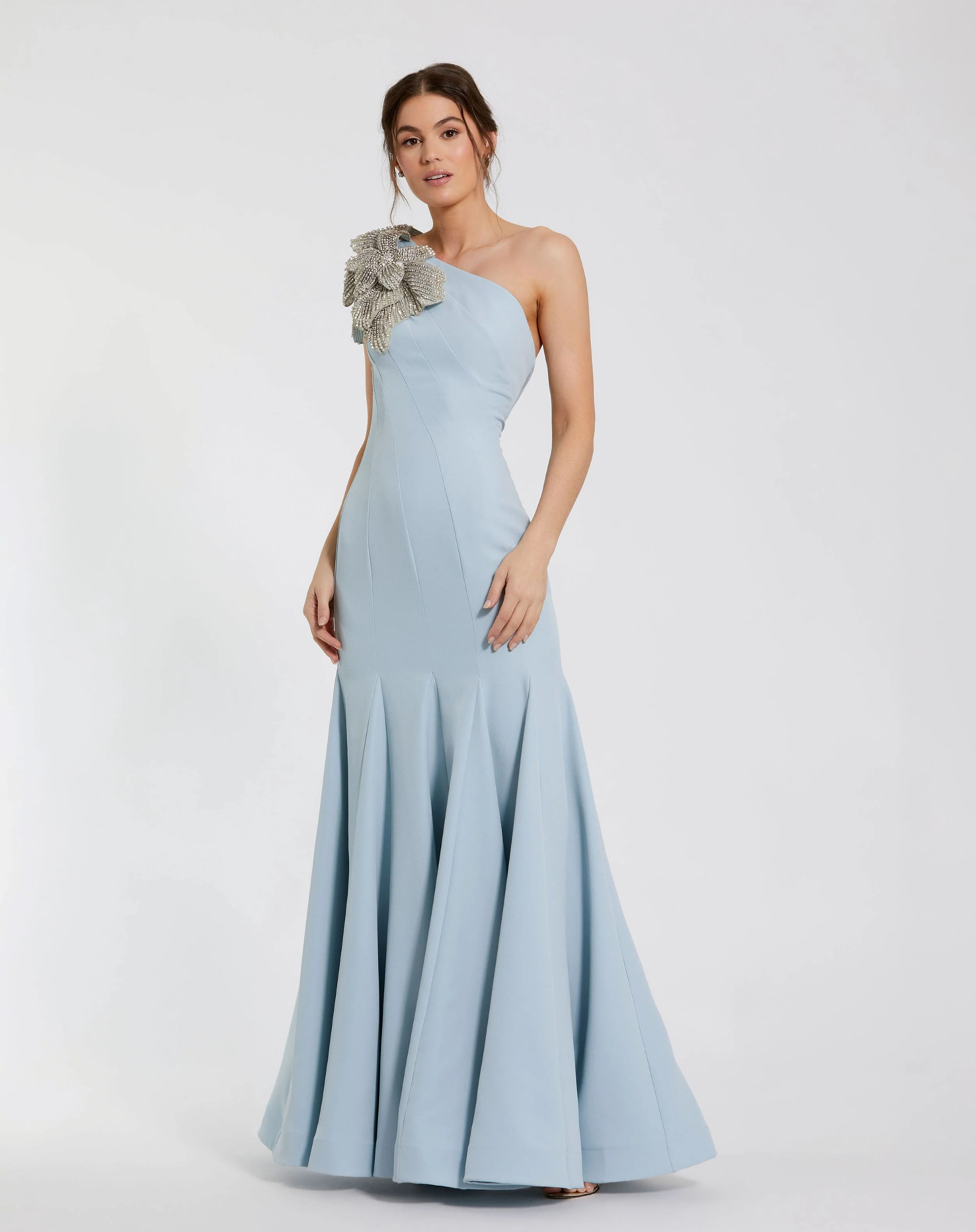 Blue Crepe One Shoulder Gown With Crystal Flower
