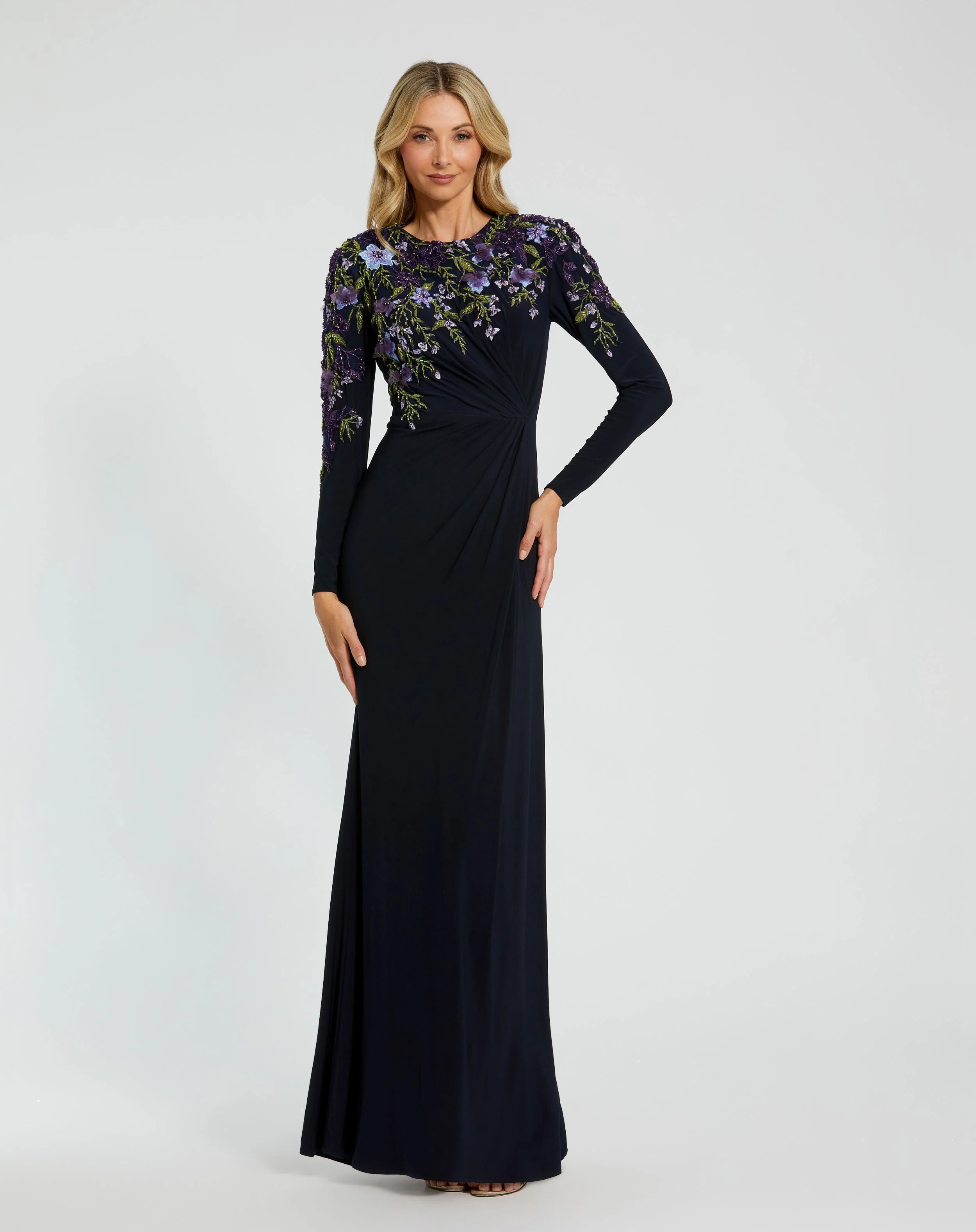 Navy Embellished Long Sleeve Fitted Jersey Gown