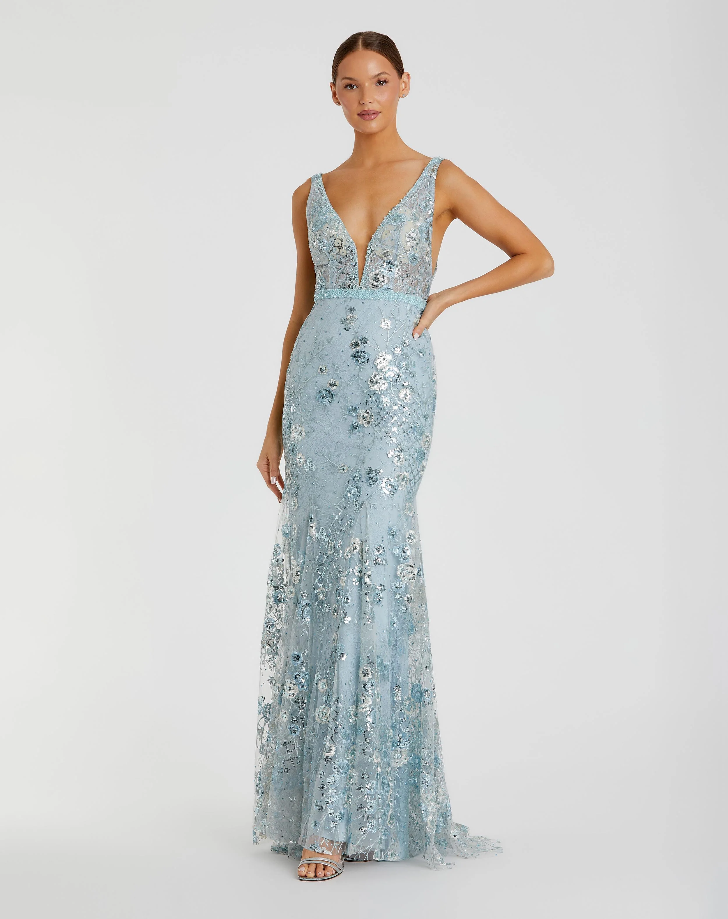 Blue Embellished Sleeveless Plunge Neck Gown