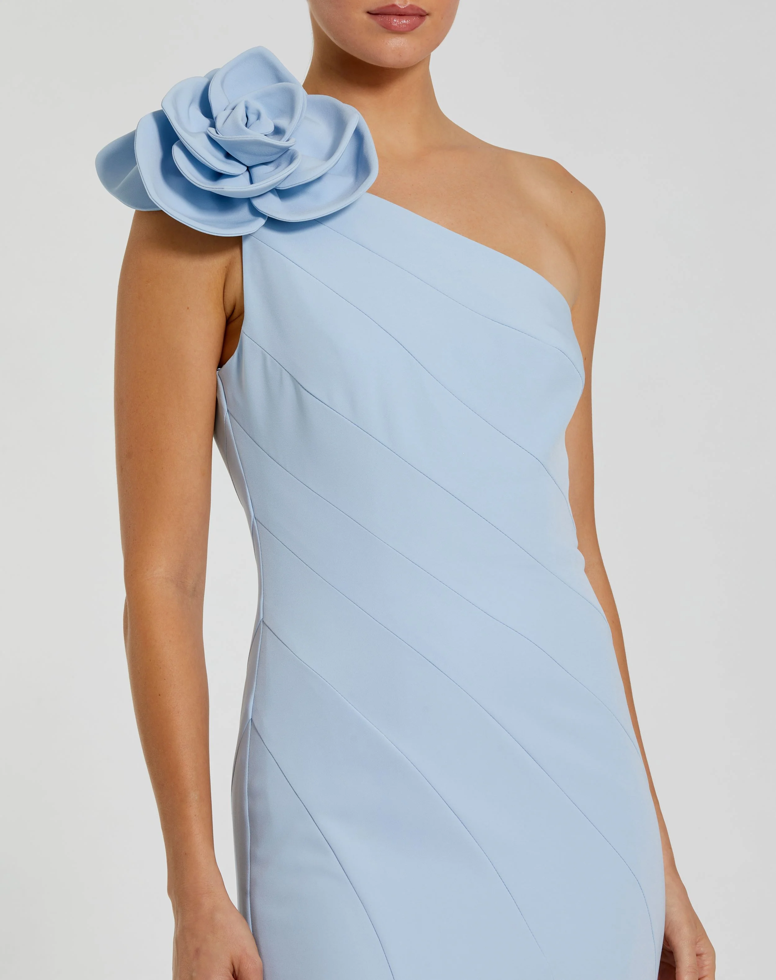 Blue Crepe One Shoulder Mermaid Gown With 3D Flower