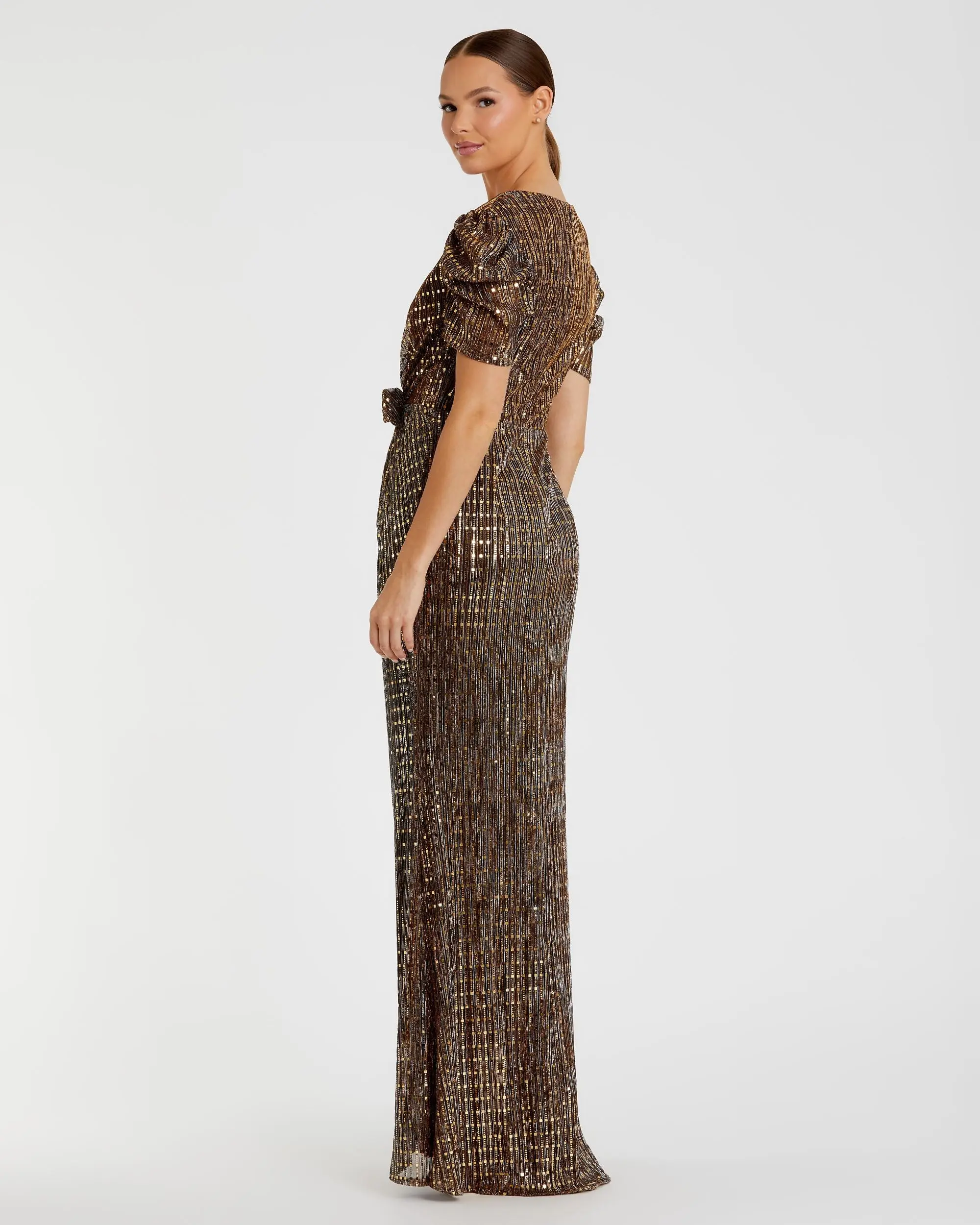 Brown Bow Waist Cap Sleeve Metallic Gown
