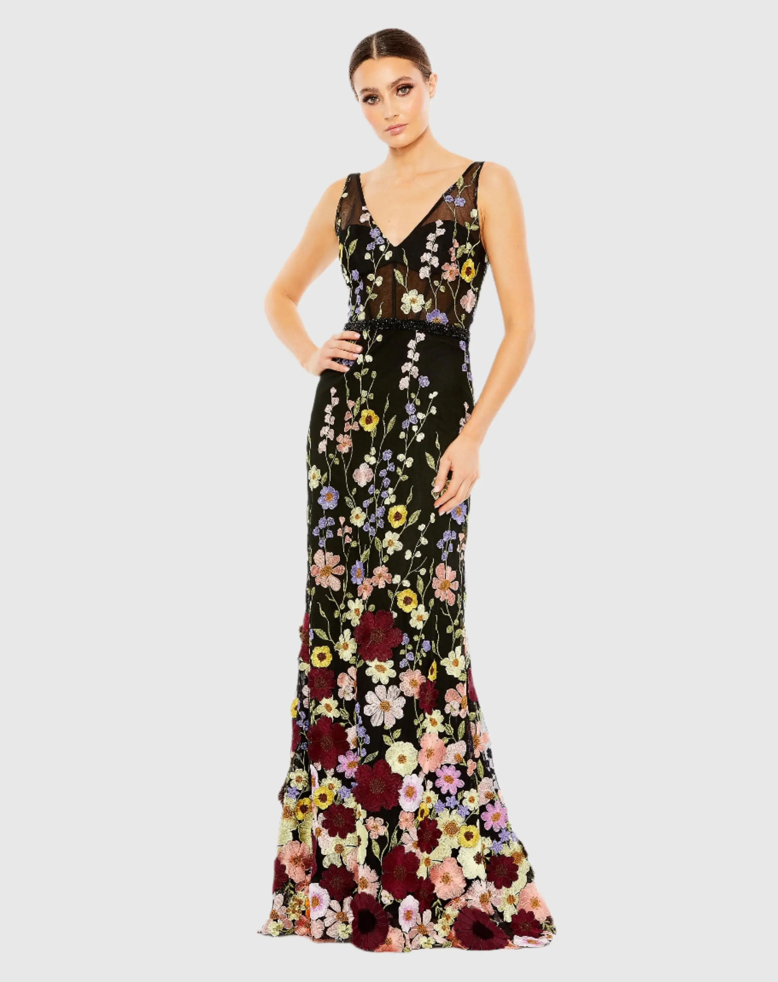 Black Embroidered Tulle Sleeveless V Neck A Line Gown