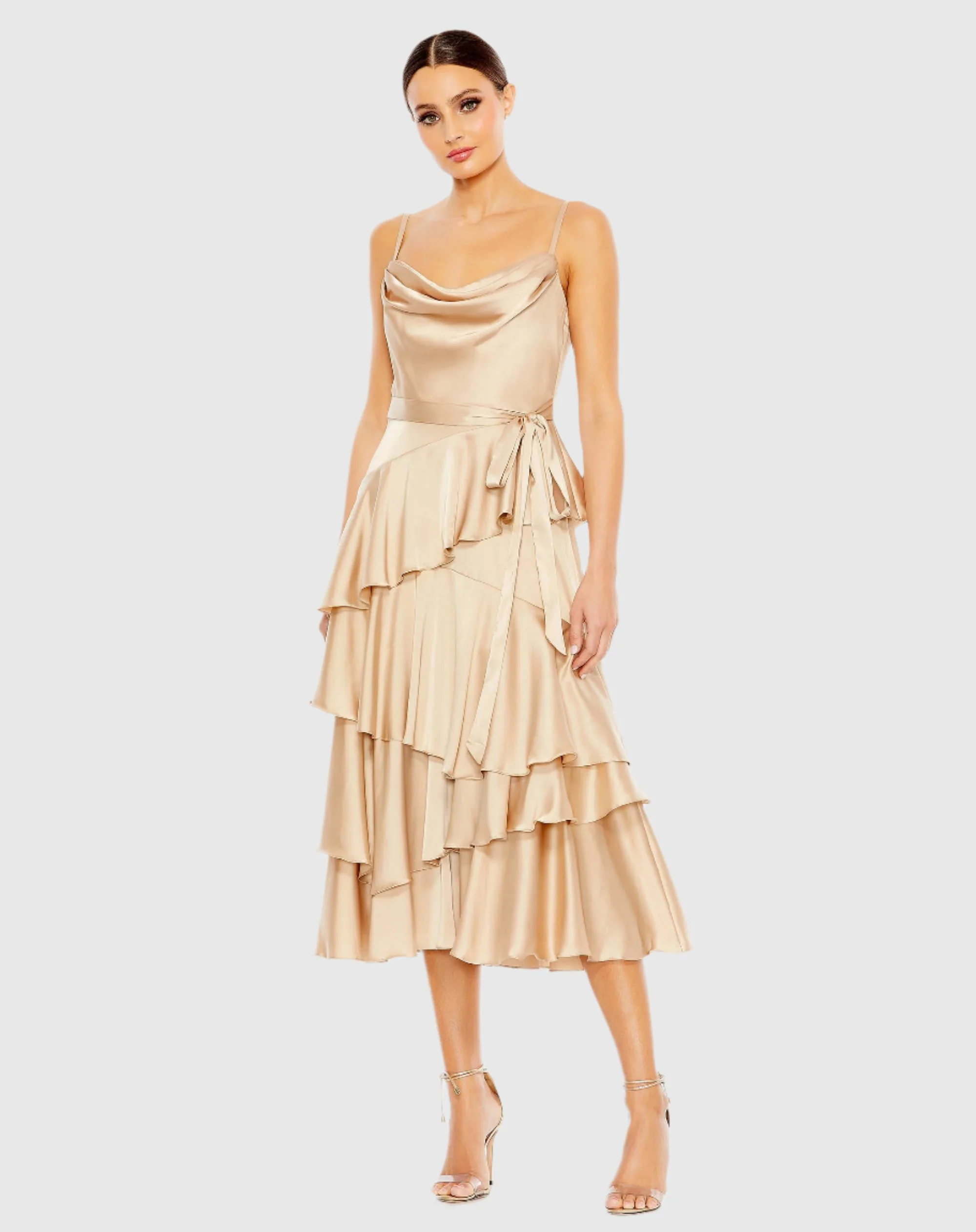 Beige Charmeuse Ruffle Tiered Spaghetti Strap Dress