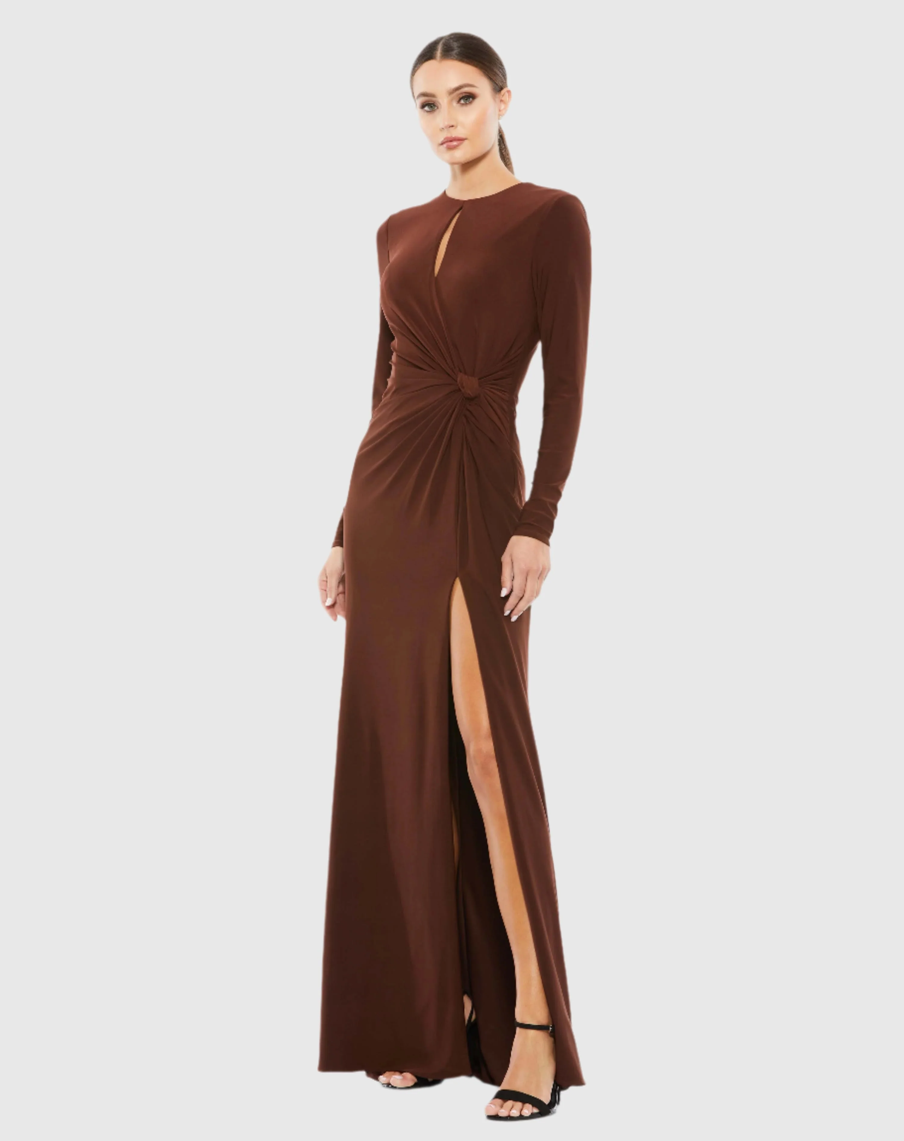 Brown Long Sleeve Keyhole Draped Gown
