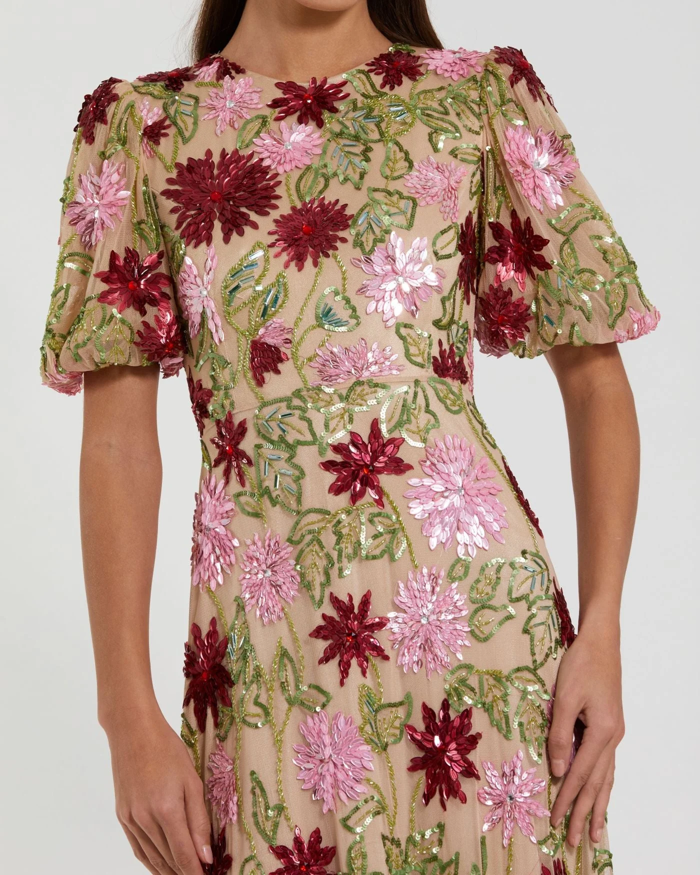 Beige Floral Beaded Mesh Puff Sleeve Gown