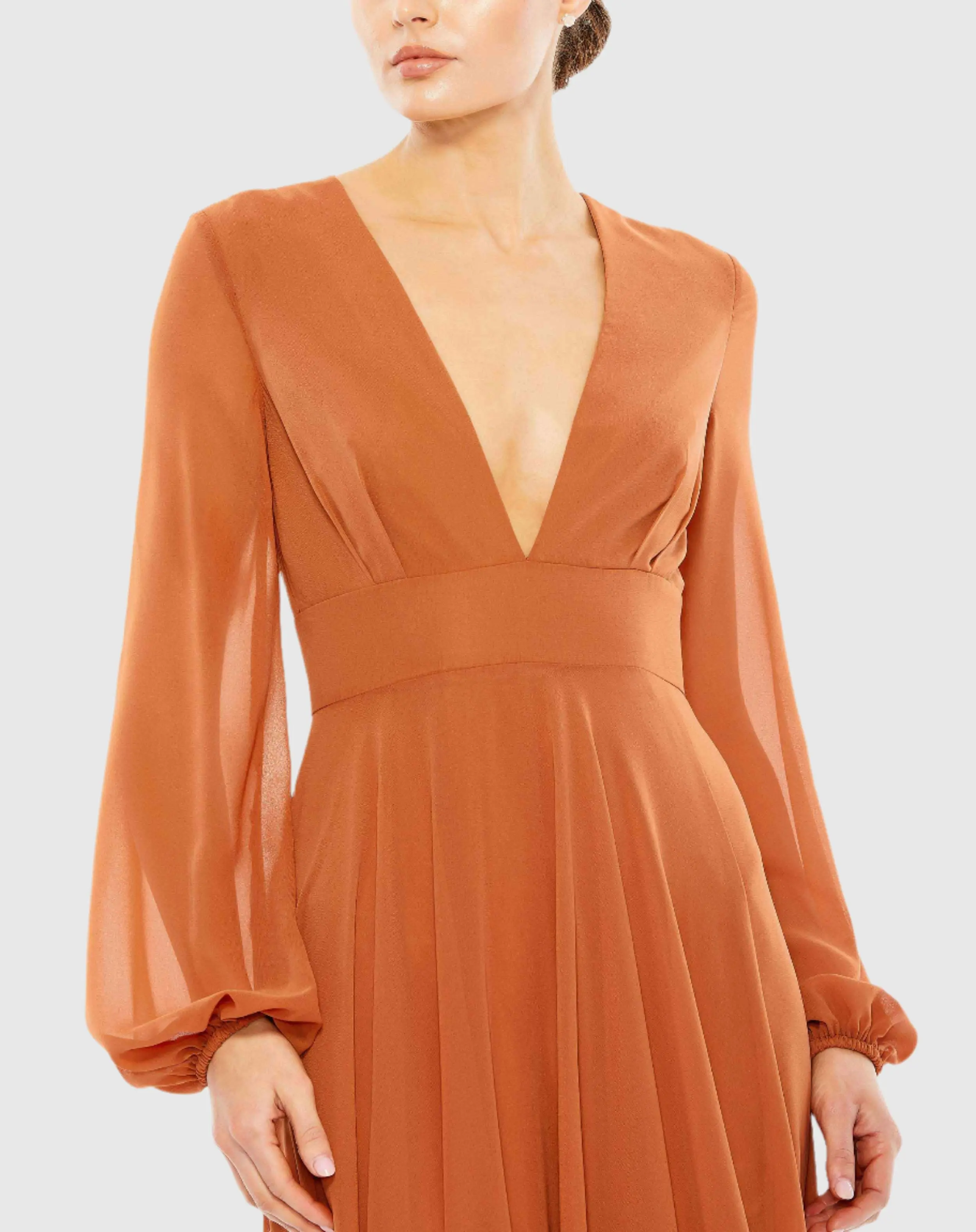 Brown V-Neck Illusion Long Sleeve Chiffon Gown
