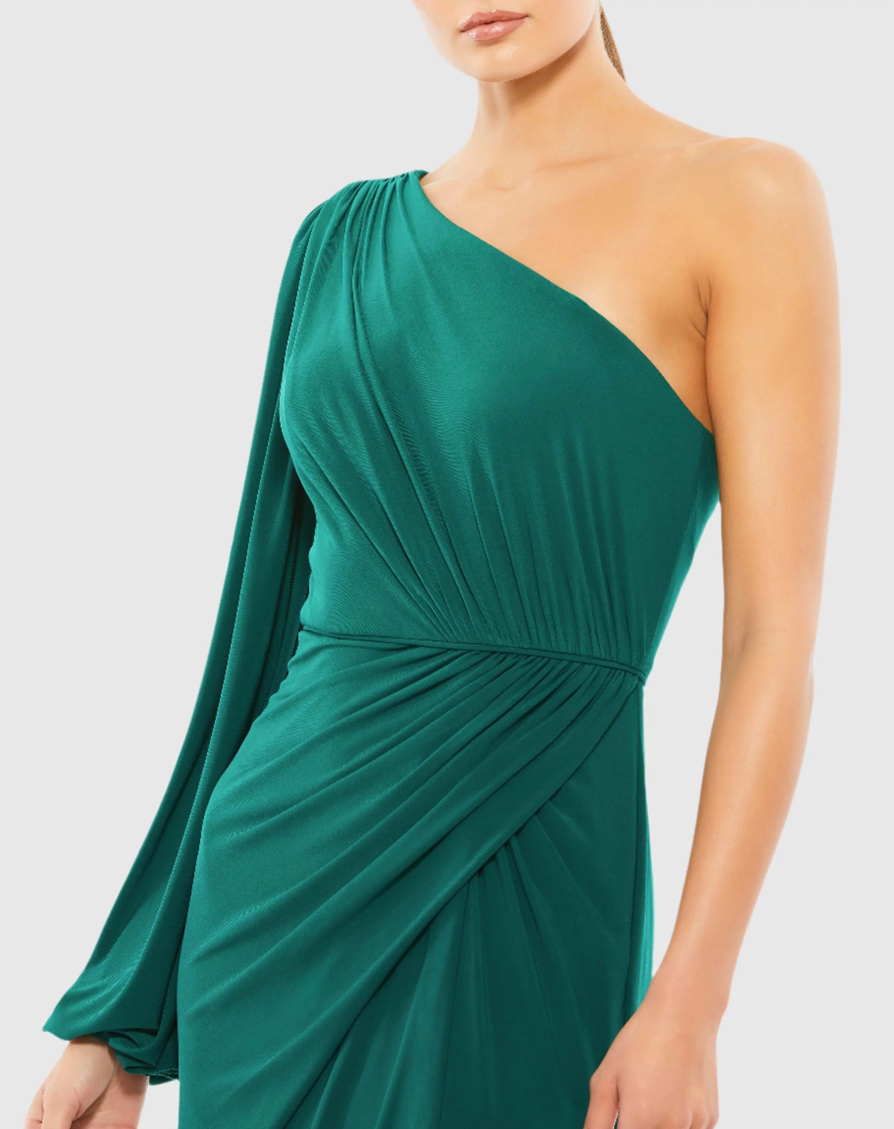 Green One Shoulder Puff Sleeve Faux Wrap Gown