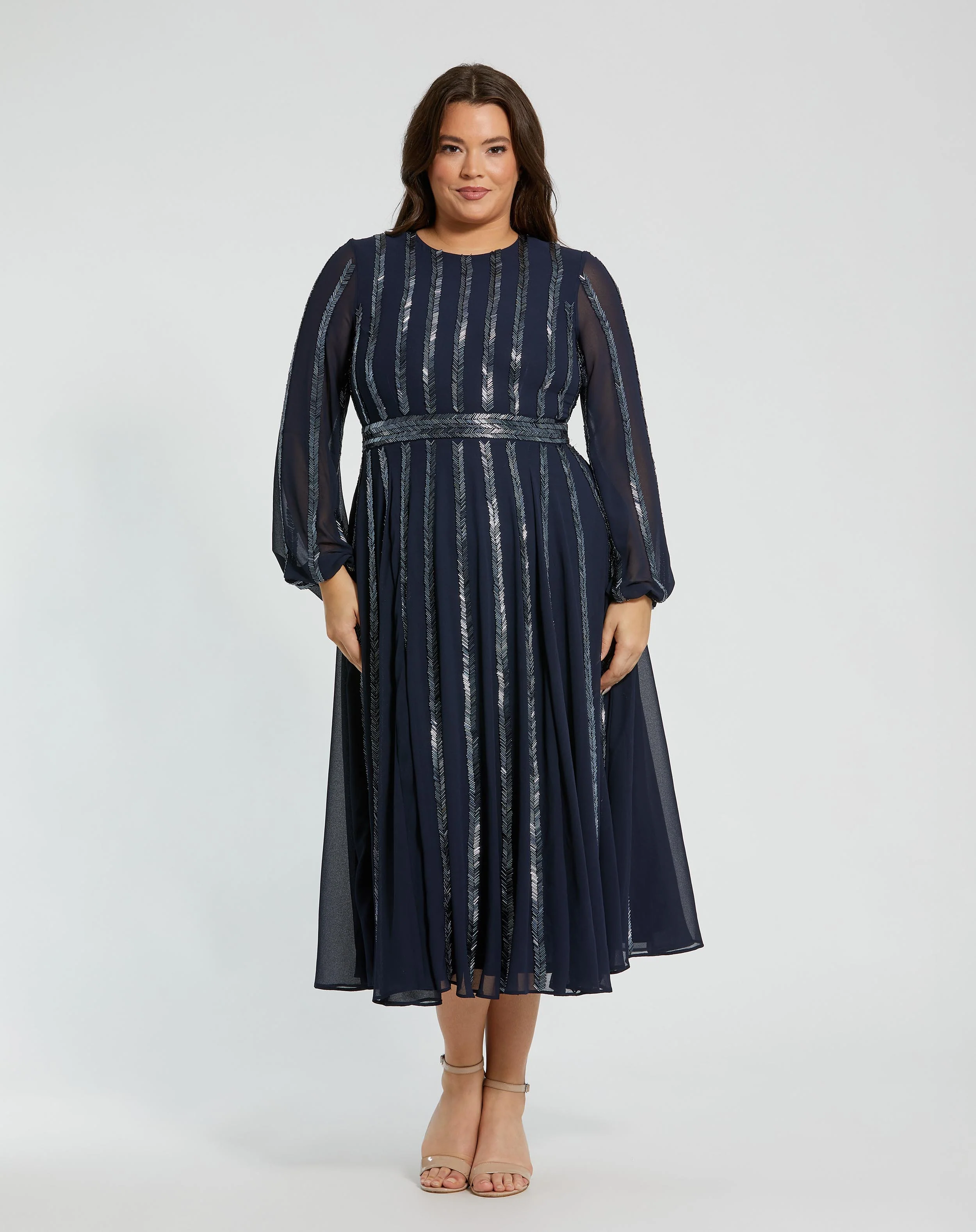 Navy Long Sheer Sleeve Sequin Dress