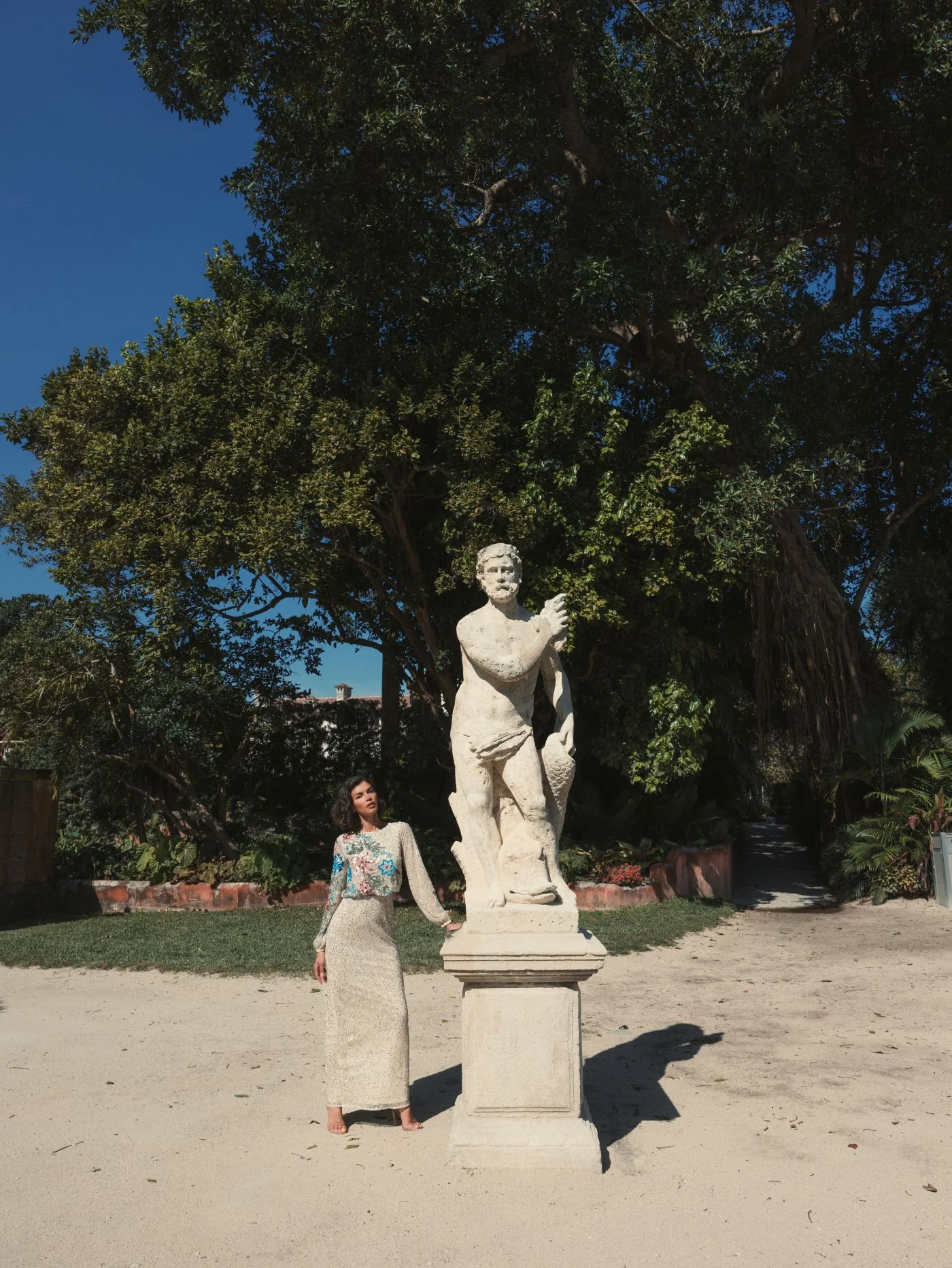 Beige Embellished Floral High Neck Gown