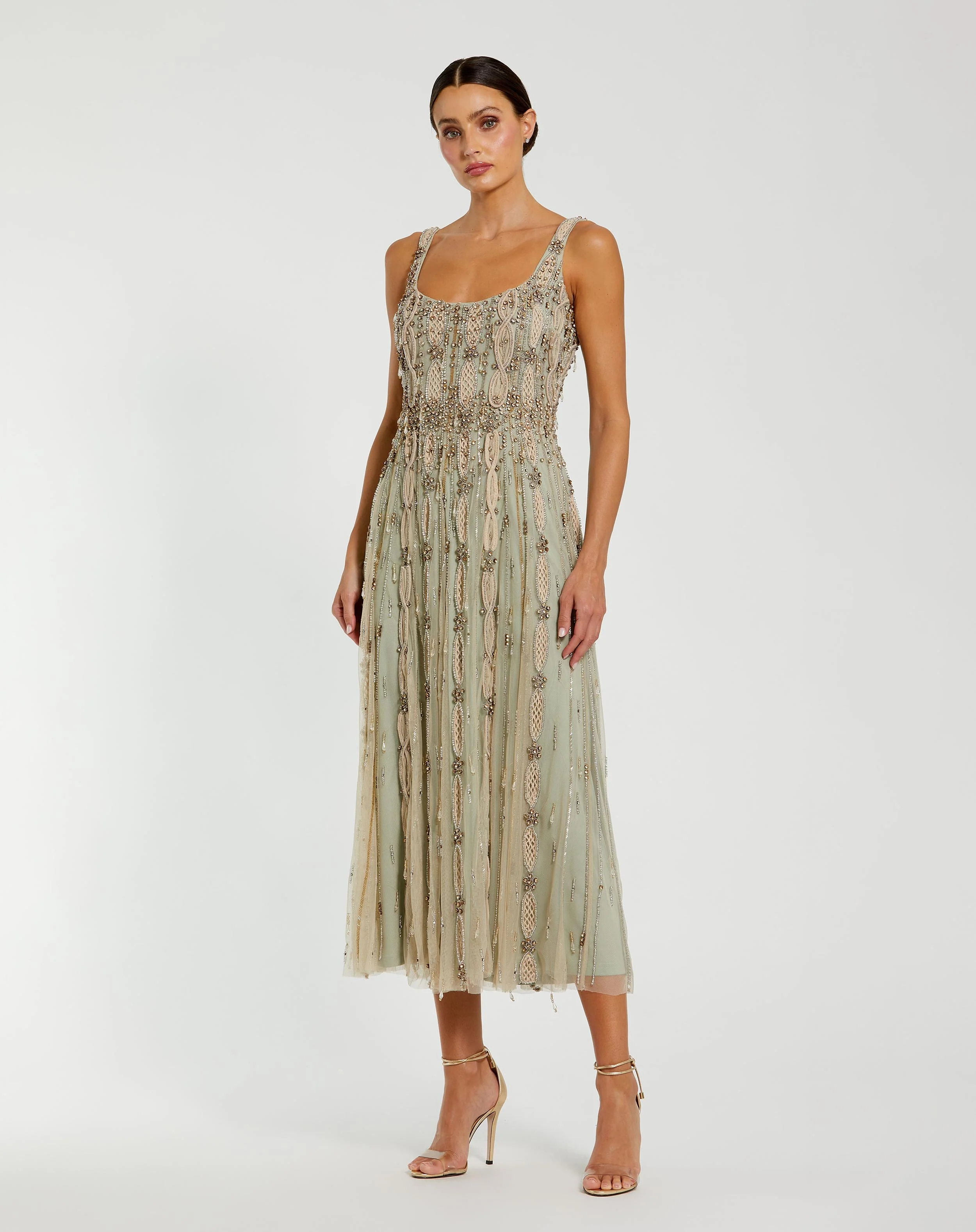 Green Embellished Mesh Sleeveless Scoop Neck Midi Dress