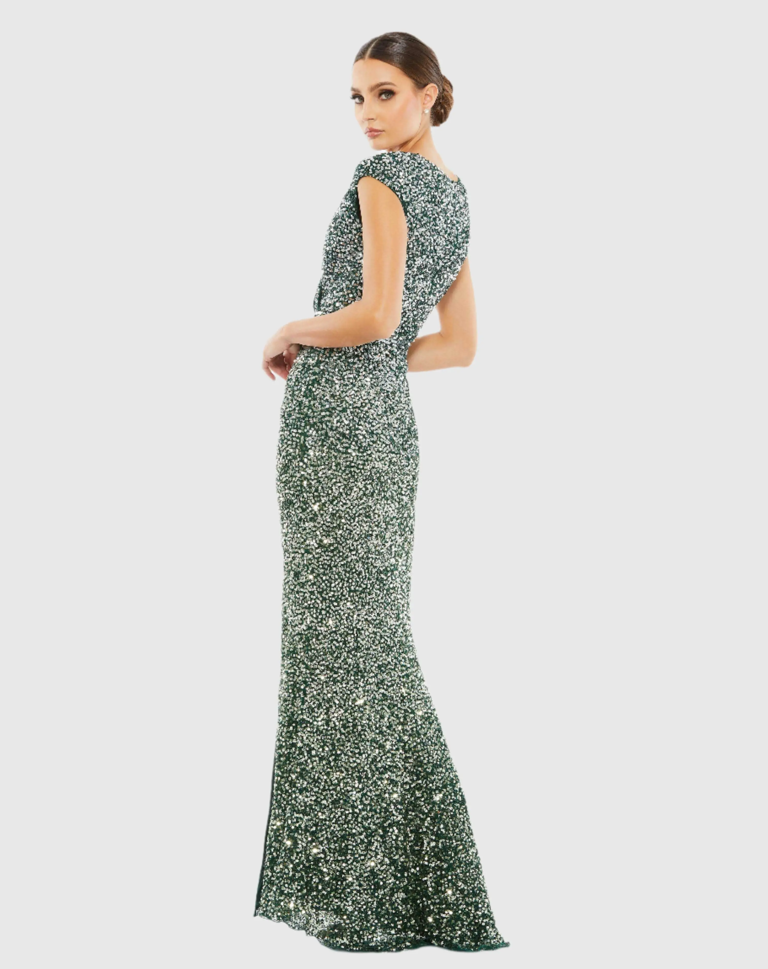 Green Cap Sleeve Sequined High Slit Gown